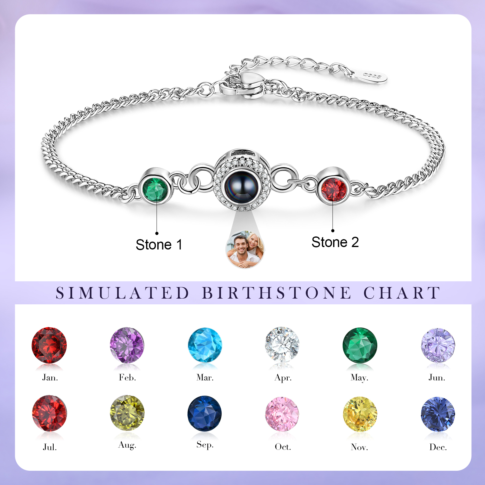 Personalized Projection Bracelet with Photo and 2 Birthstones  Adjustable in Silver Rose Gold or Gold Thoughtful Gift for Her
