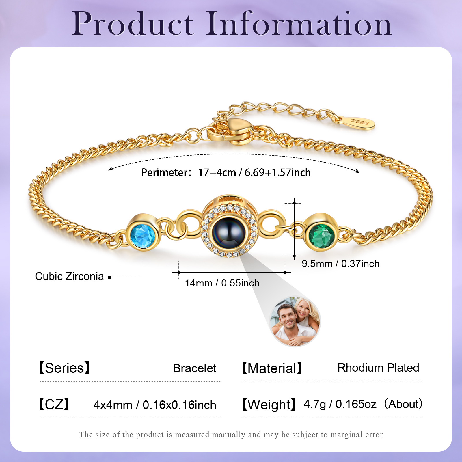 Personalized Projection Bracelet with Photo and 2 Birthstones  Adjustable in Silver Rose Gold or Gold Thoughtful Gift for Her
