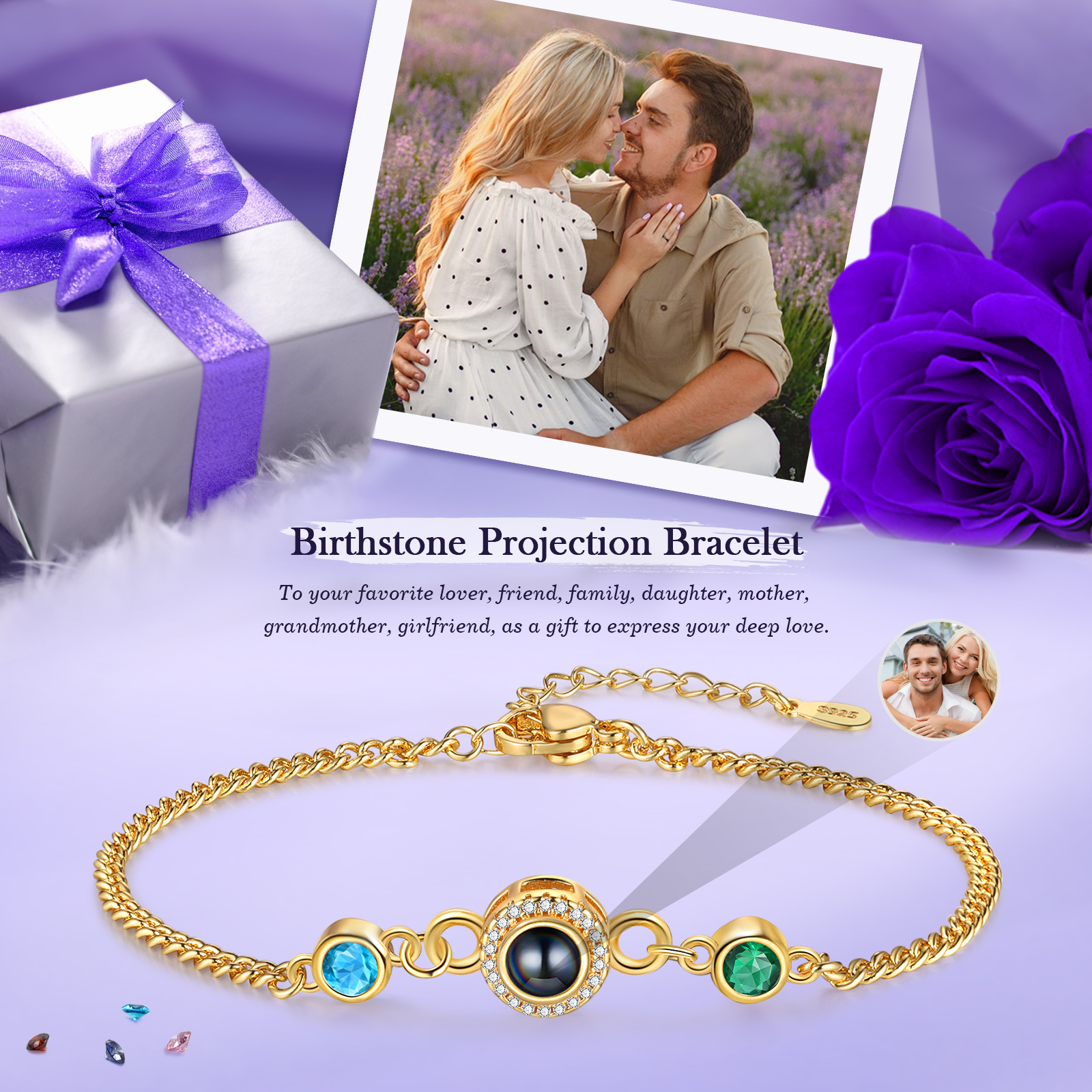 Personalized Projection Bracelet with Photo and 2 Birthstones  Adjustable in Silver Rose Gold or Gold Thoughtful Gift for Her