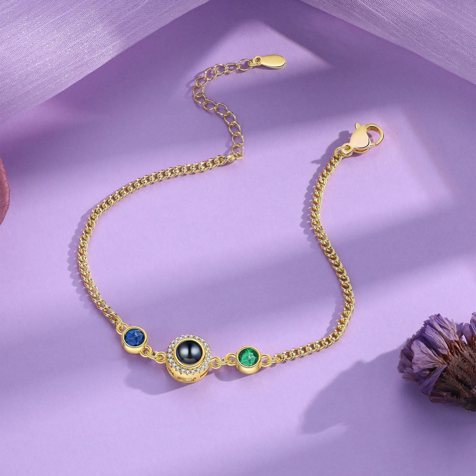 Personalized Projection Bracelet with Photo and 2 Birthstones  Adjustable in Silver Rose Gold or Gold Thoughtful Gift for Her