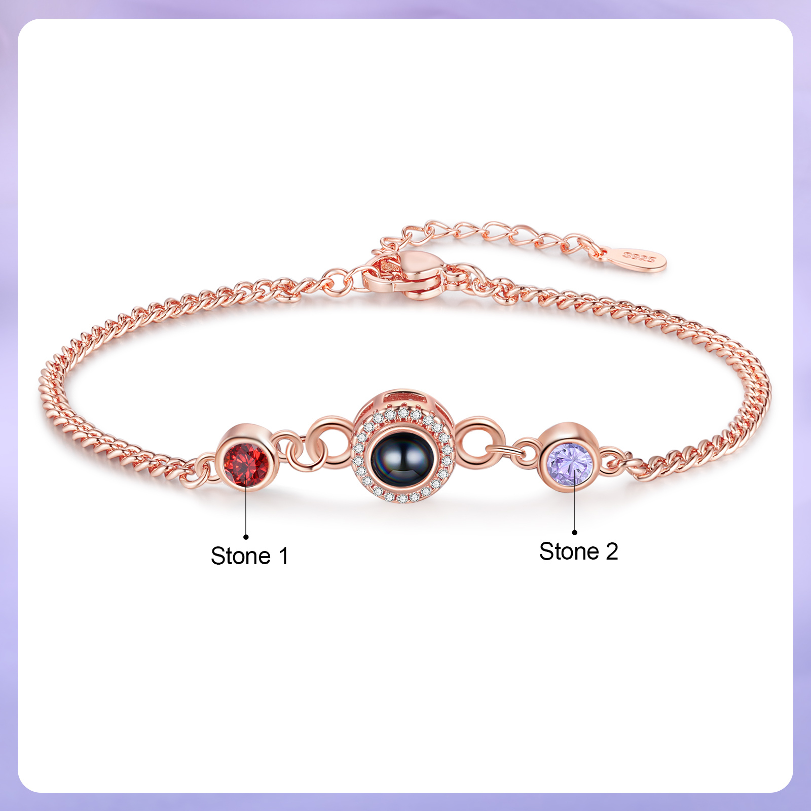 Personalized Projection Bracelet with Photo and 2 Birthstones  Adjustable in Silver Rose Gold or Gold Thoughtful Gift for Her