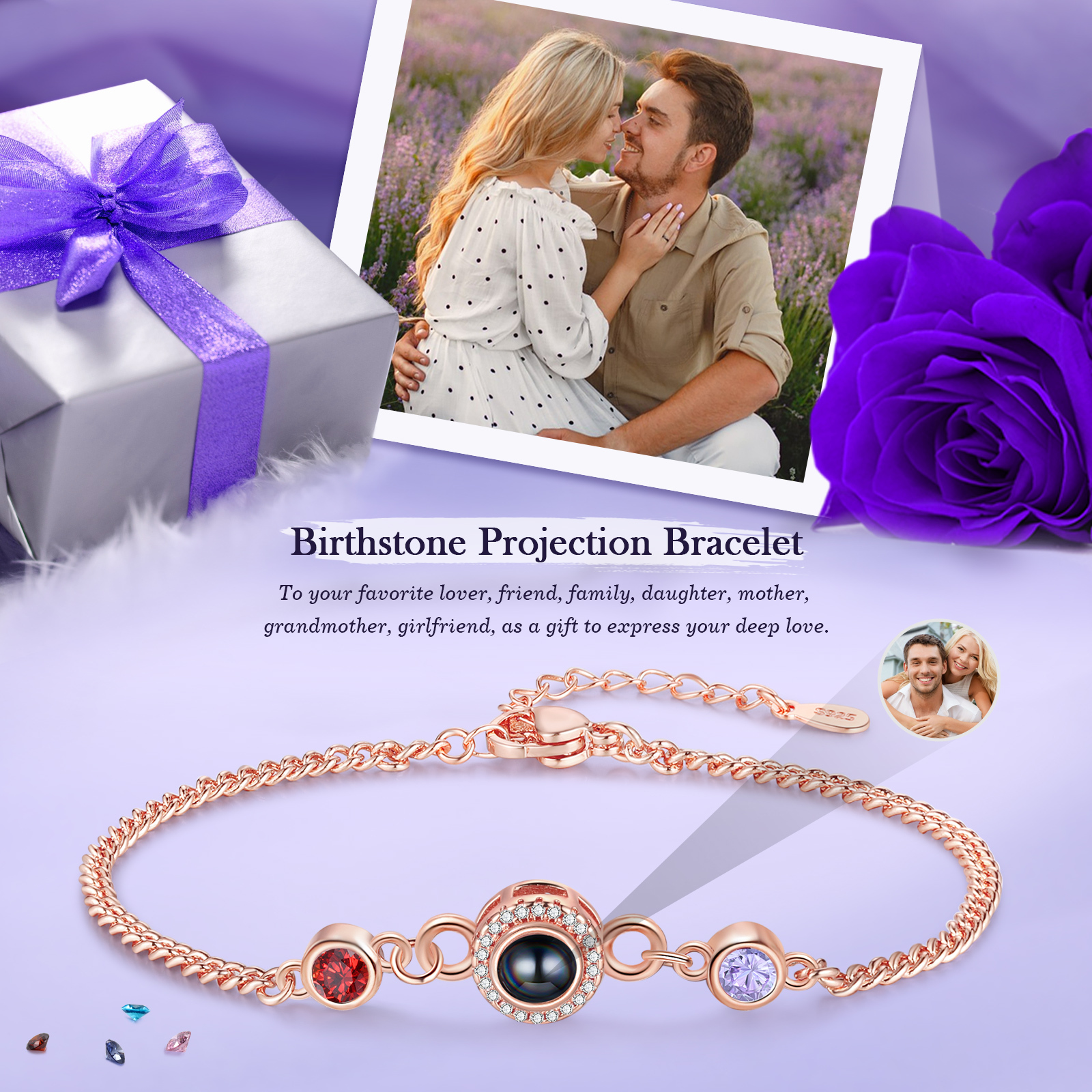 Personalized Projection Bracelet with Photo and 2 Birthstones  Adjustable in Silver Rose Gold or Gold Thoughtful Gift for Her