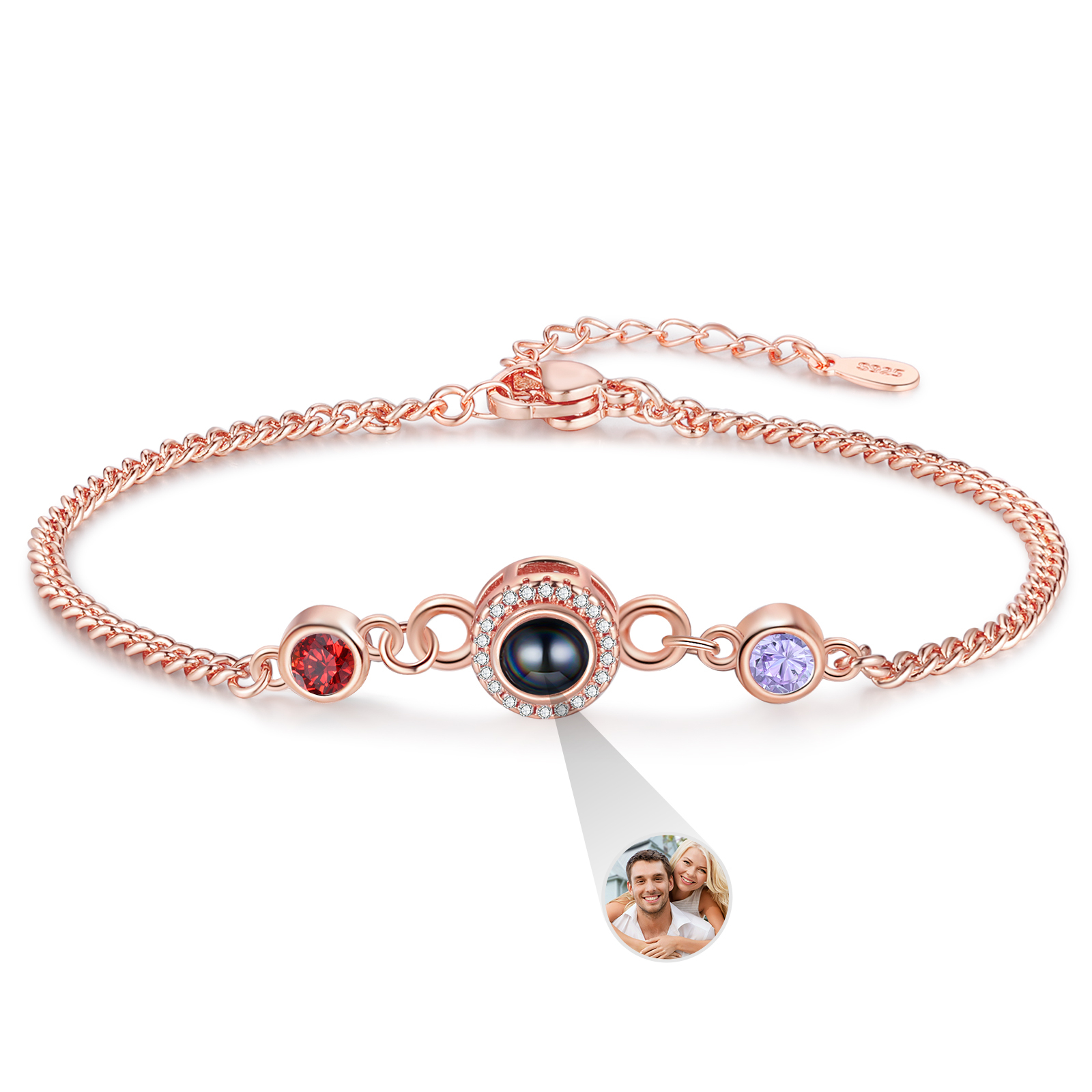 Personalized Projection Bracelet with Photo and 2 Birthstones  Adjustable in Silver Rose Gold or Gold Thoughtful Gift for Her