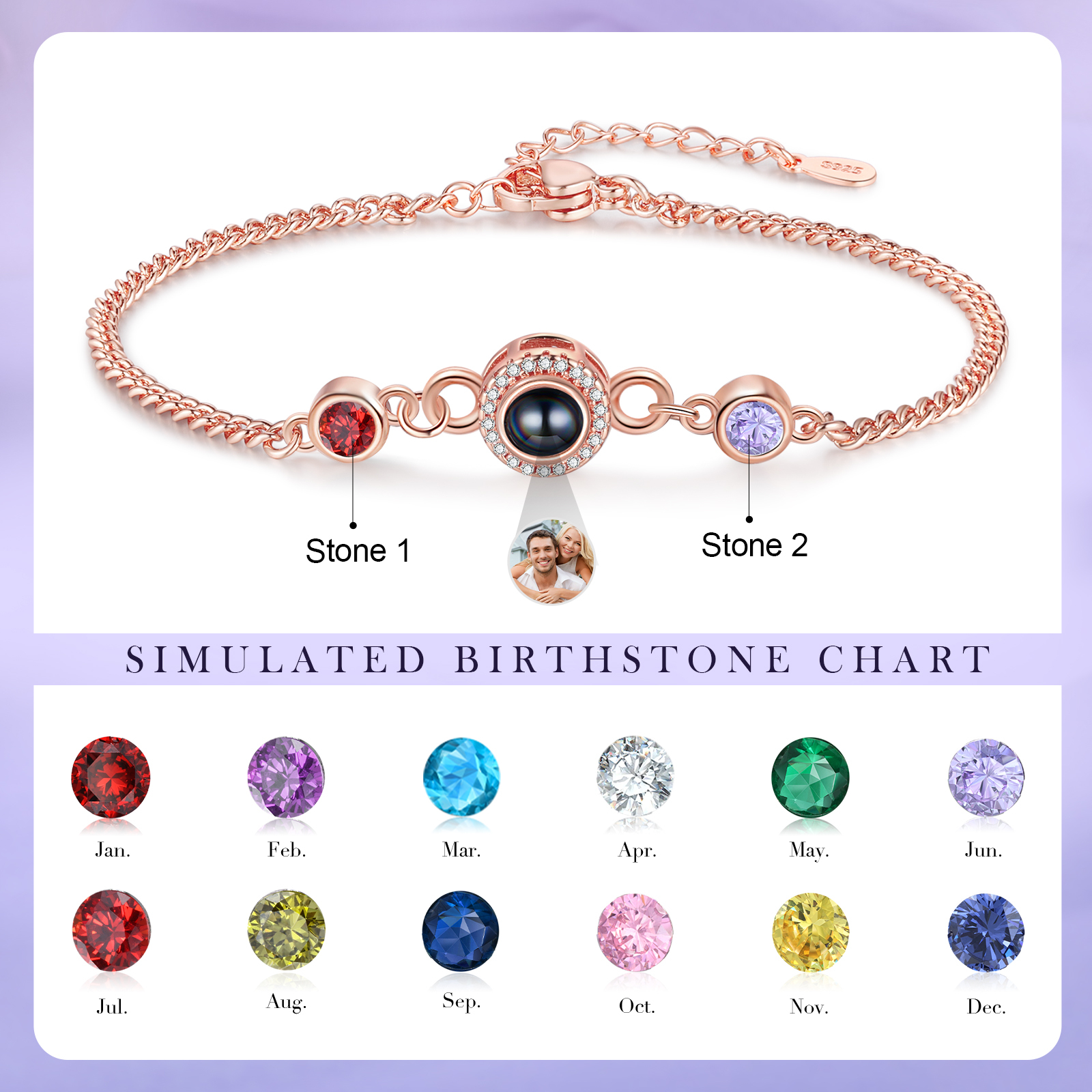 Personalized Projection Bracelet with Photo and 2 Birthstones  Adjustable in Silver Rose Gold or Gold Thoughtful Gift for Her