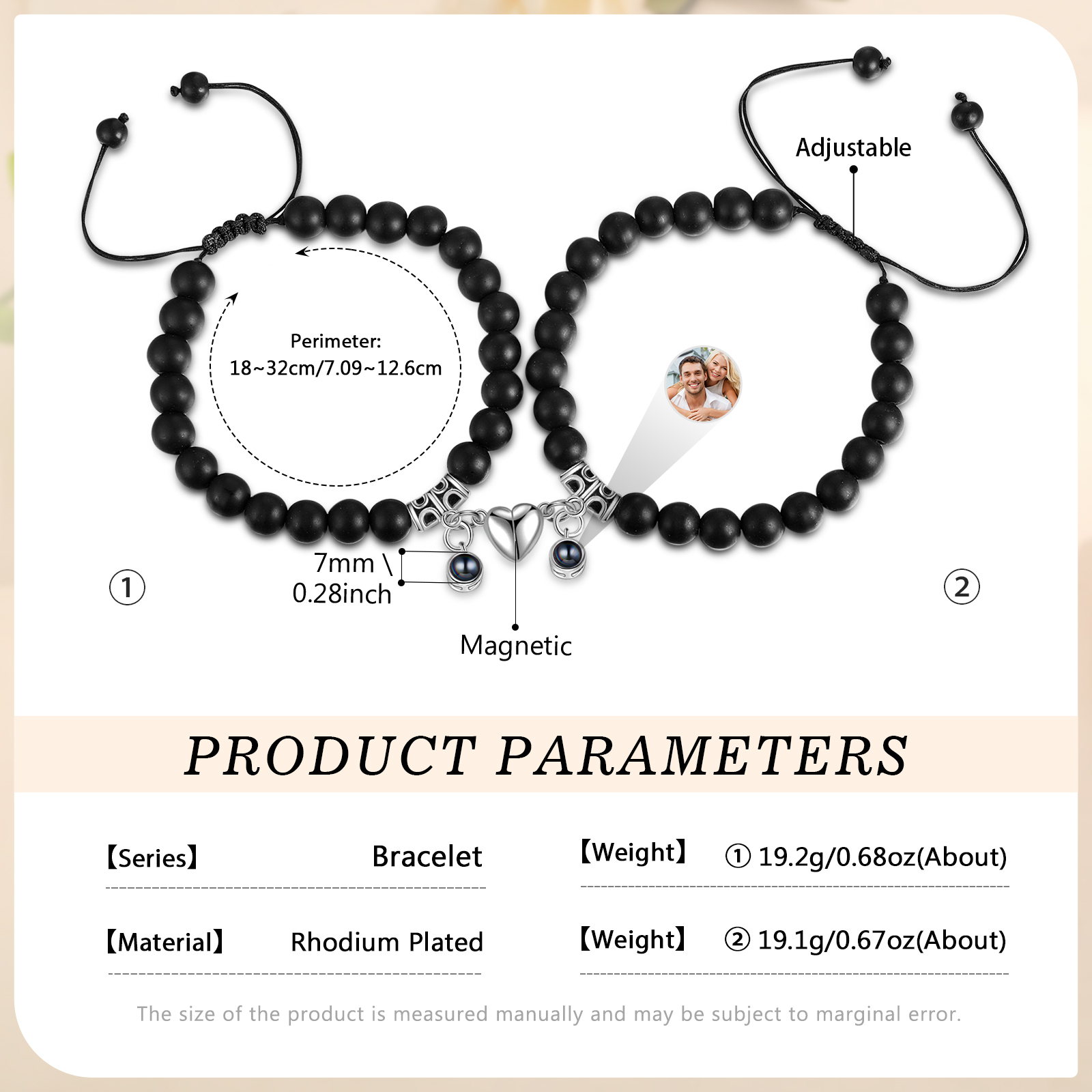 Personalized Projection Bead Bracelet with 1 Photo Adjustable Available in Black Brown or White Gift for Couple