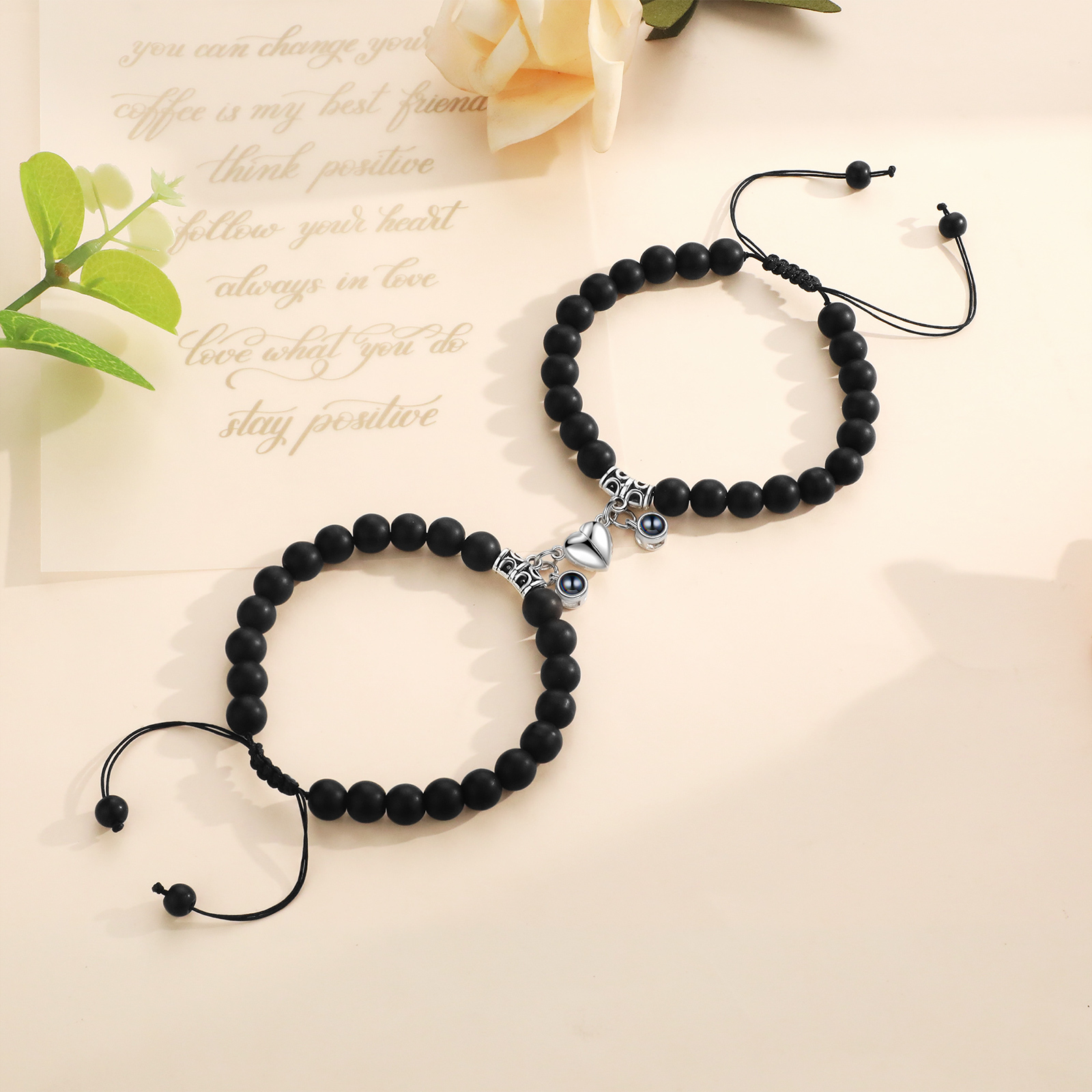 Personalized Projection Bead Bracelet with 1 Photo Adjustable Available in Black Brown or White Gift for Couple