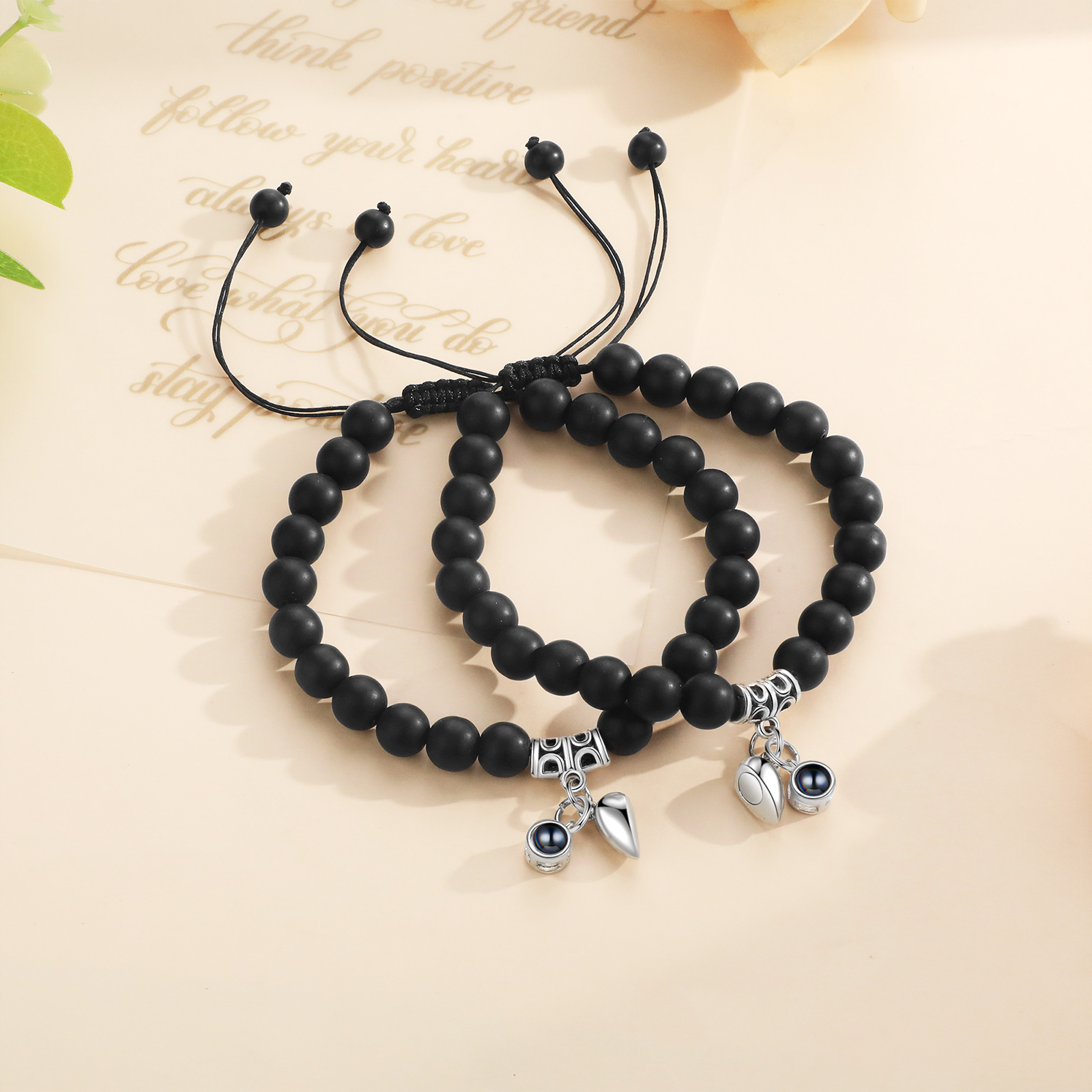 Personalized Projection Bead Bracelet with 1 Photo Adjustable Available in Black Brown or White Gift for Couple