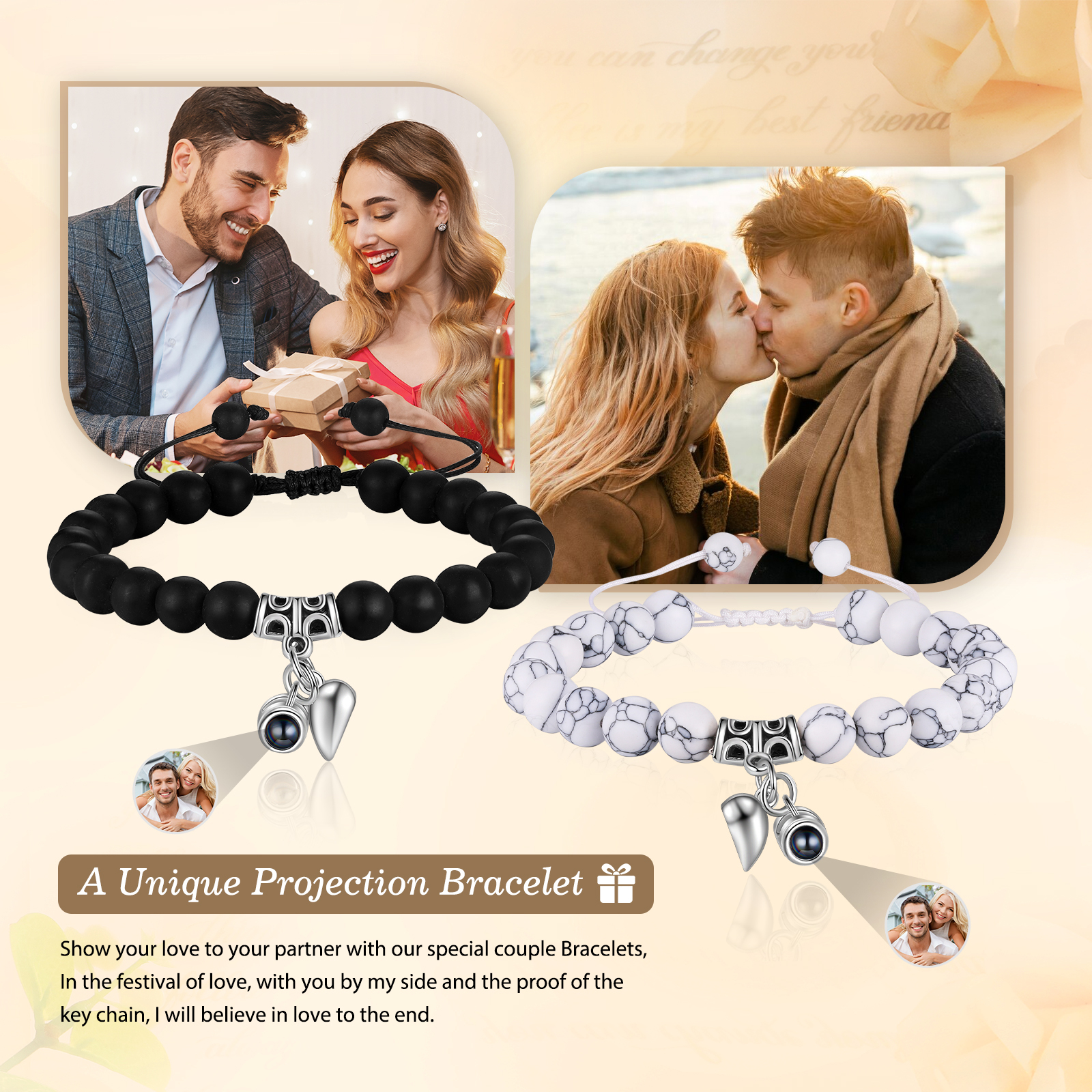 Personalized Projection Bead Bracelet with 1 Photo Adjustable Available in Black Brown or White Gift for Couple