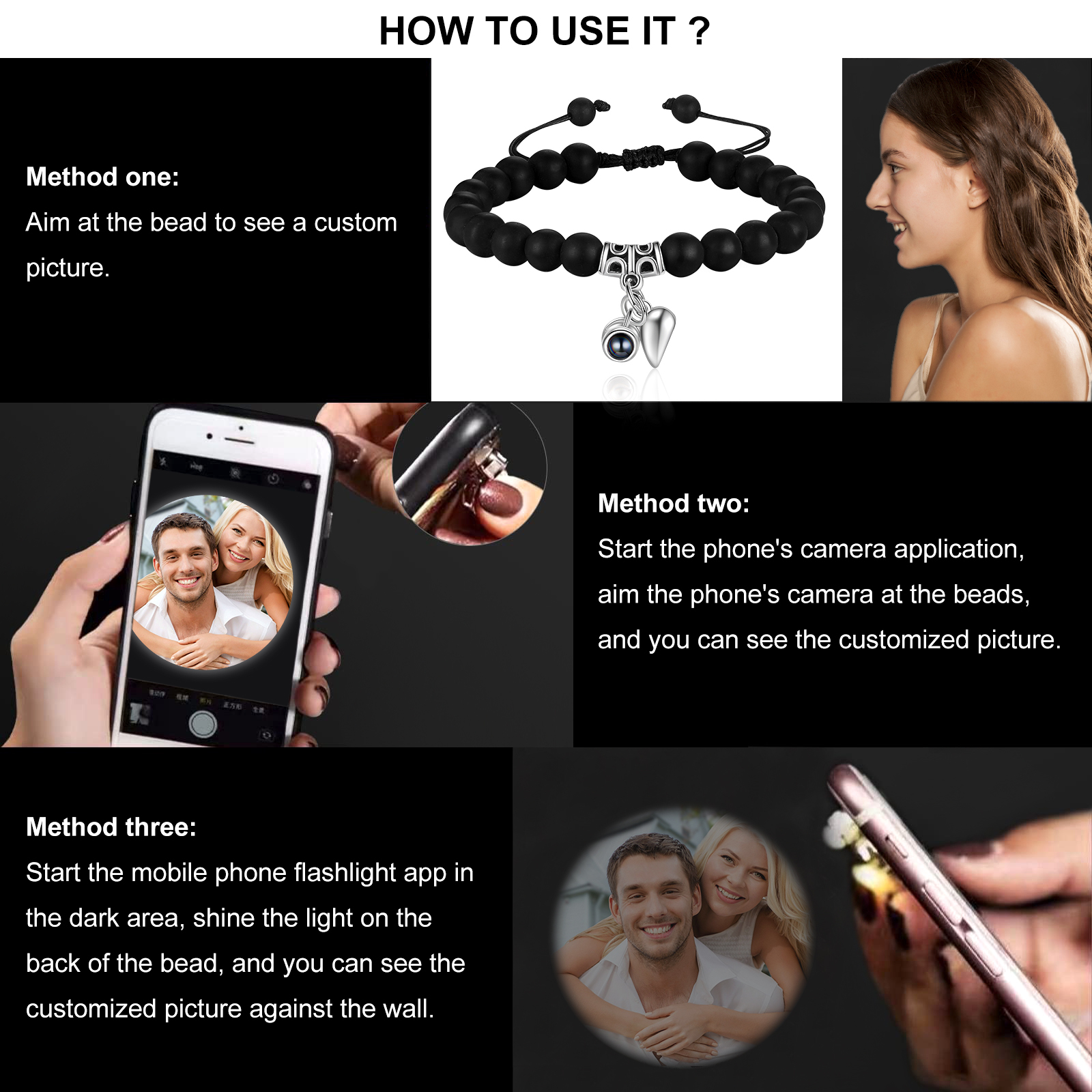 Personalized Projection Bead Bracelet with 1 Photo Adjustable Available in Black Brown or White Gift for Couple
