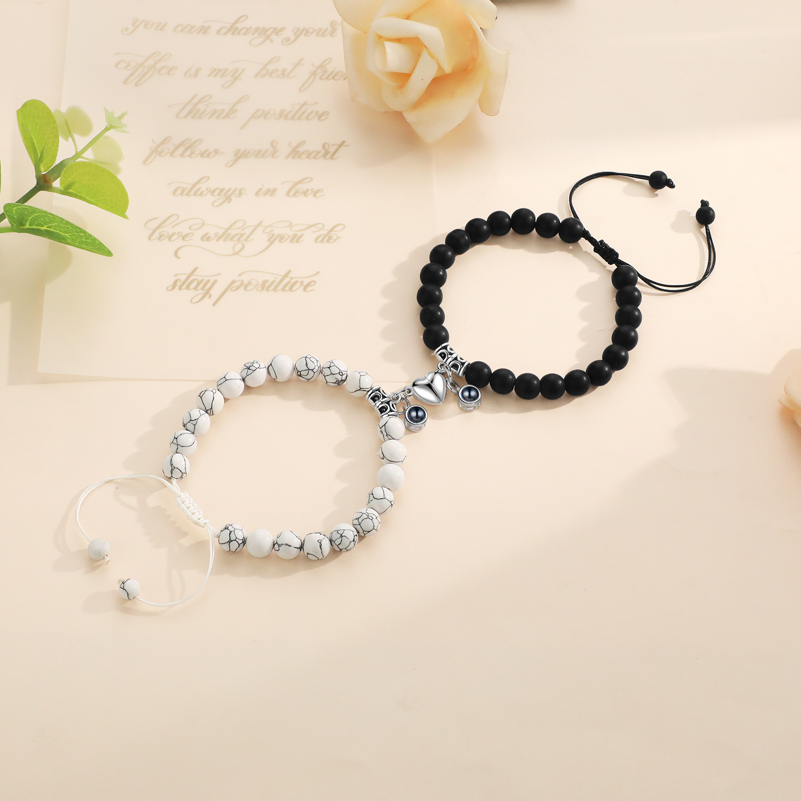 Personalized Projection Bead Bracelet with 1 Photo Adjustable Available in Black Brown or White Gift for Couple