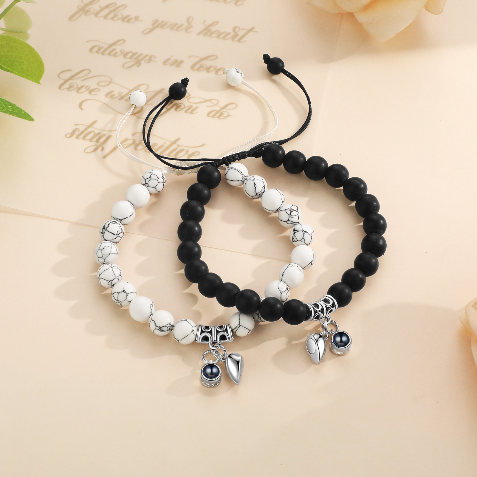 Personalized Projection Bead Bracelet with 1 Photo Adjustable Available in Black Brown or White Gift for Couple