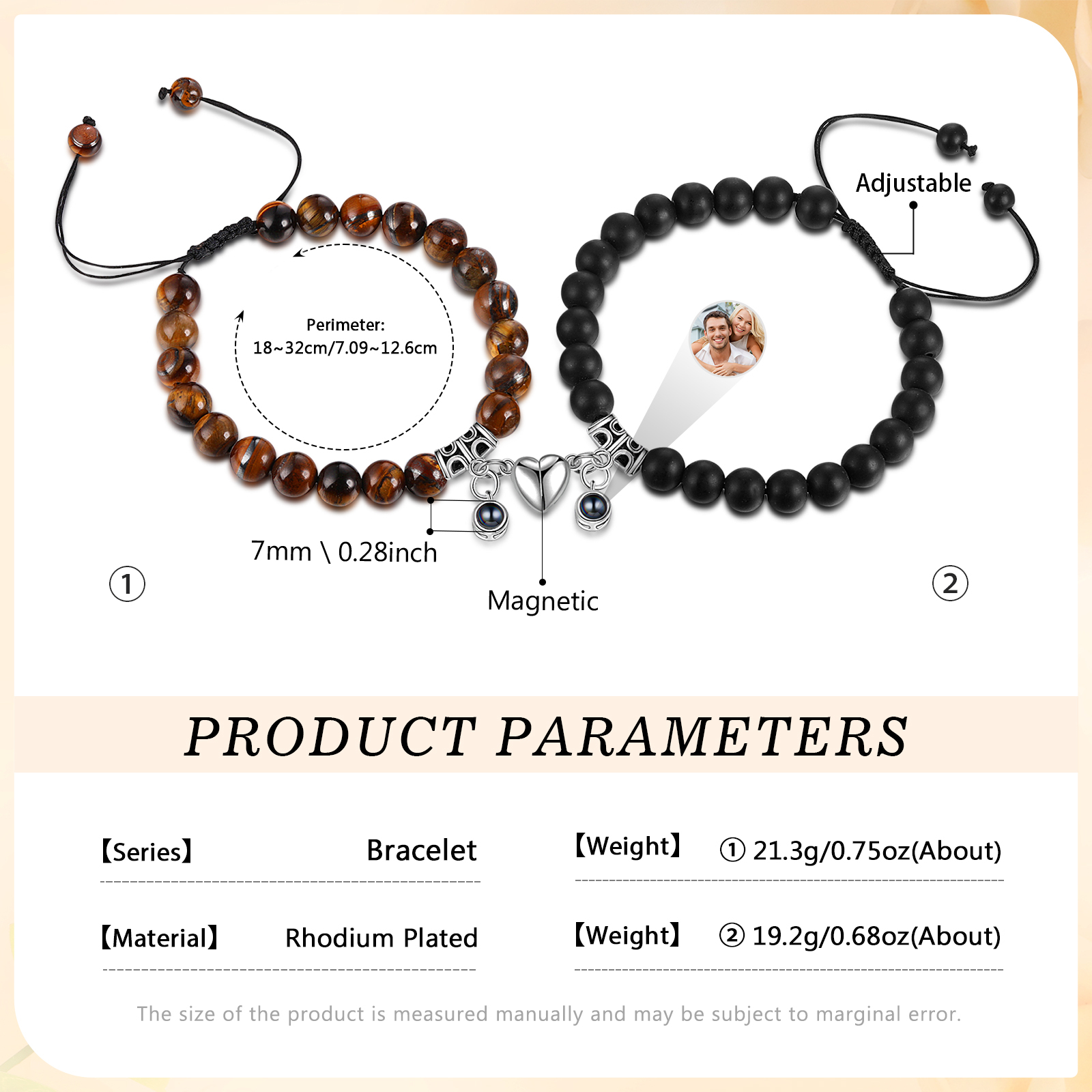 Personalized Projection Bead Bracelet with 1 Photo Adjustable Available in Black Brown or White Gift for Couple