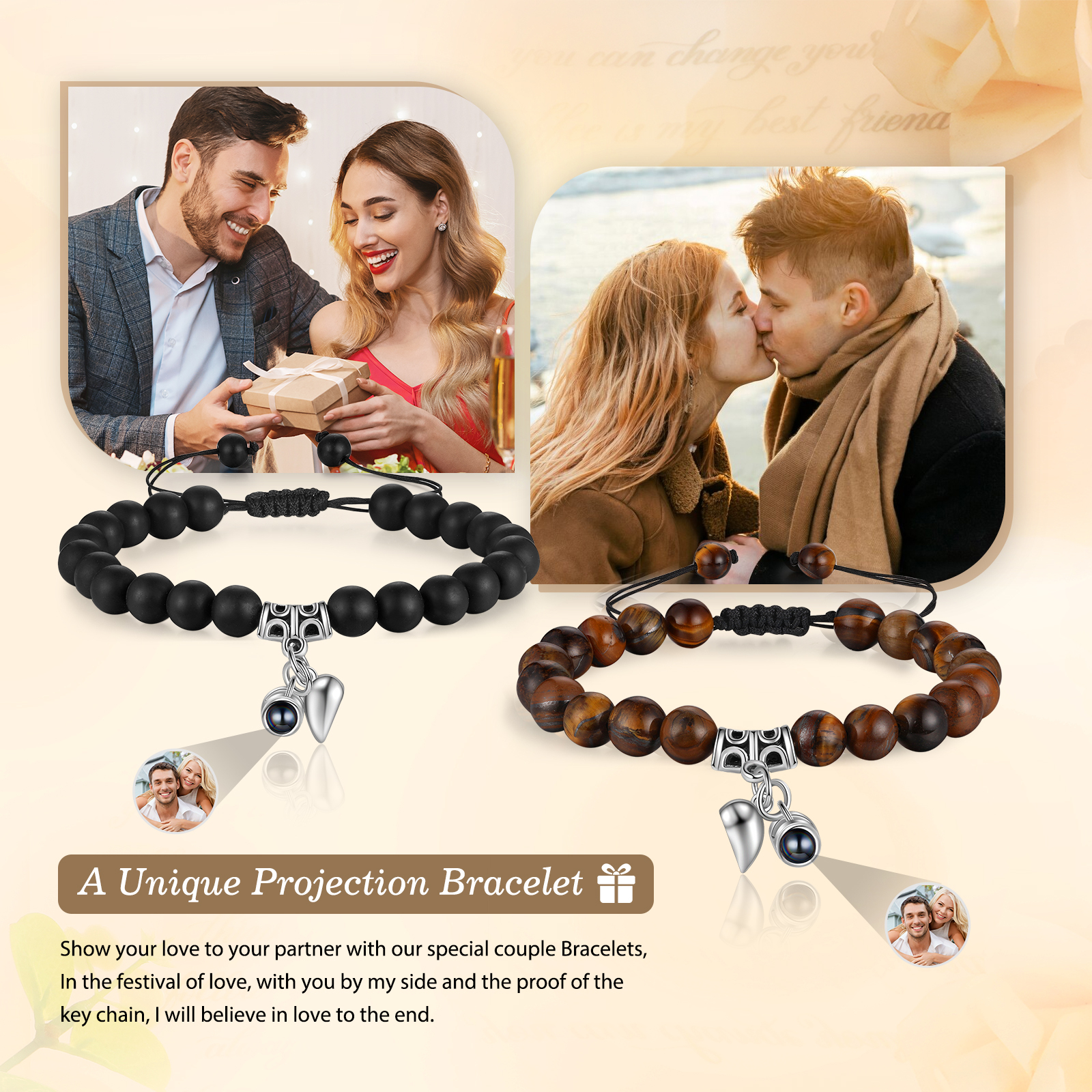 Personalized Projection Bead Bracelet with 1 Photo Adjustable Available in Black Brown or White Gift for Couple