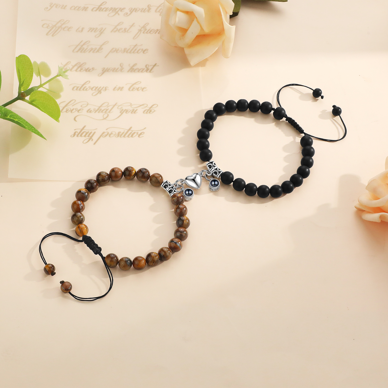 Personalized Projection Bead Bracelet with 1 Photo Adjustable Available in Black Brown or White Gift for Couple