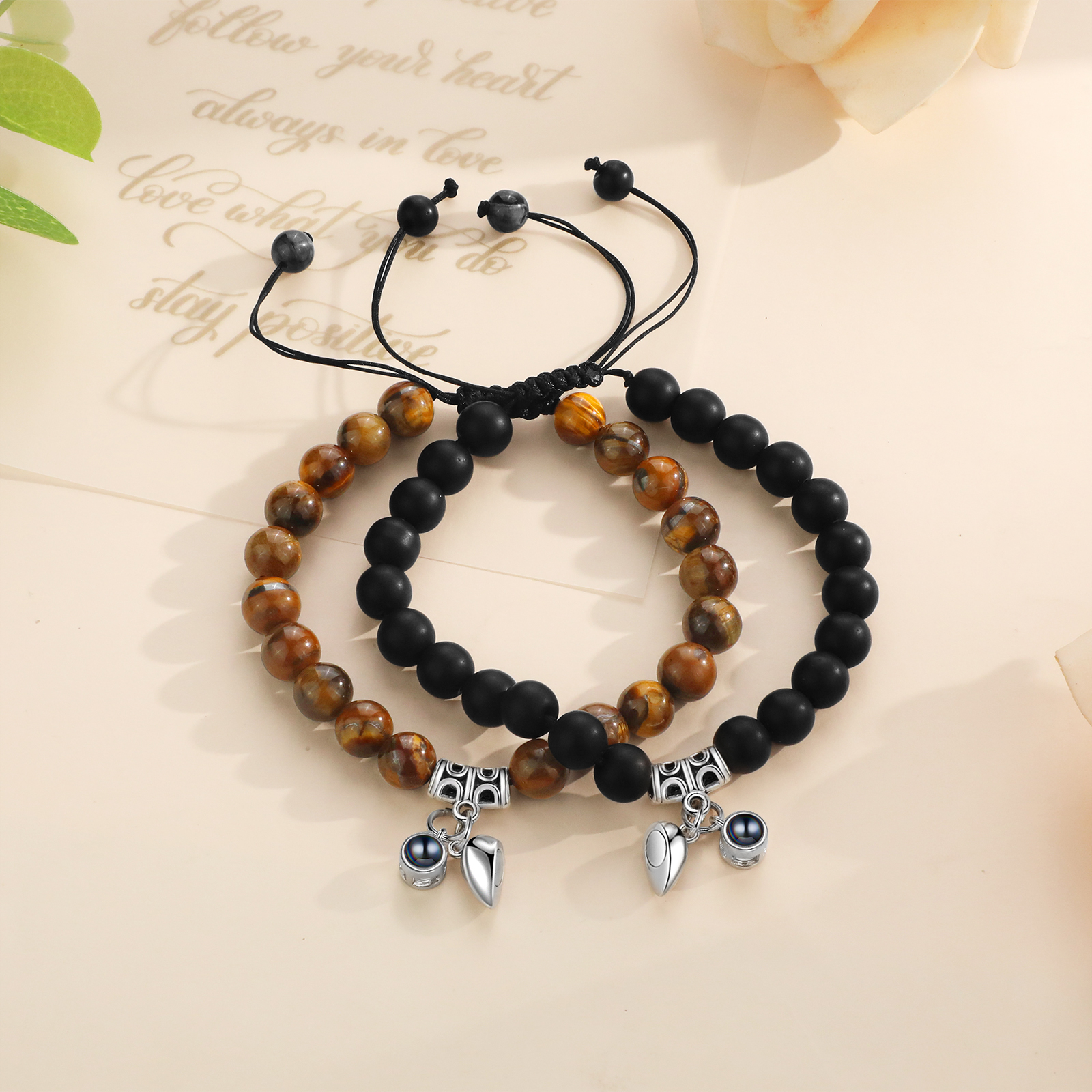 Personalized Projection Bead Bracelet with 1 Photo Adjustable Available in Black Brown or White Gift for Couple