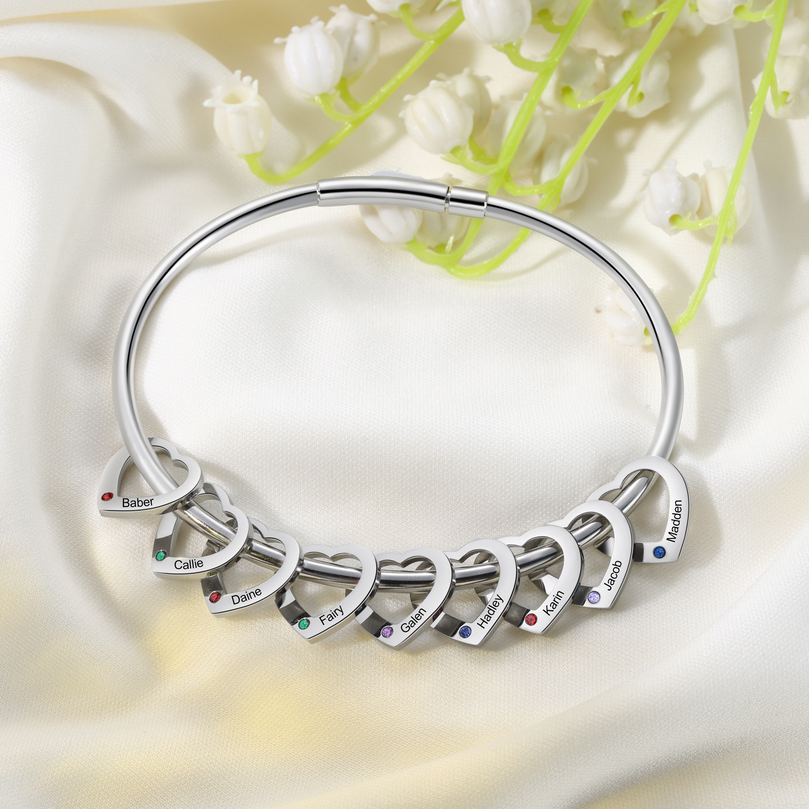 Personalized Women’s Bracelet with Custom 9 Names & Birthstones Heart Bracelet Gift for Her | Jessmade