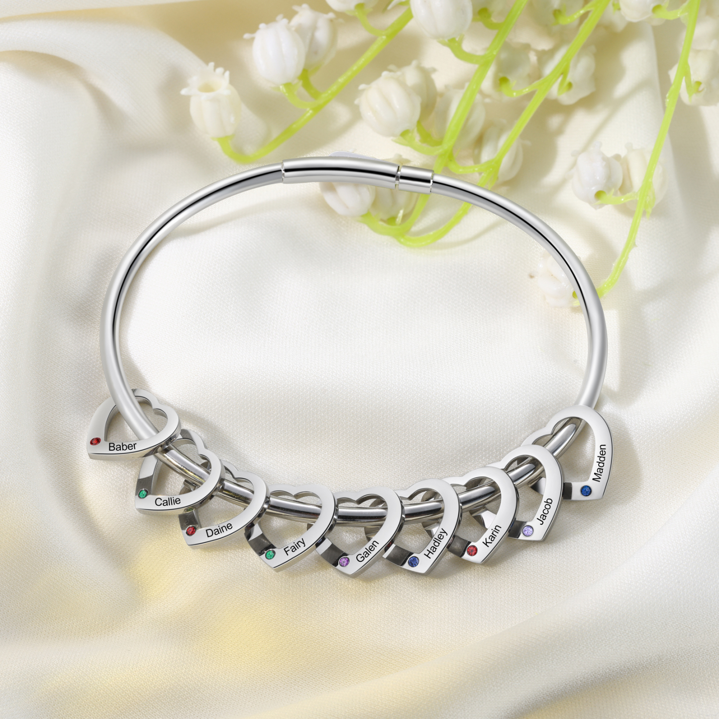Personalized Women’s Bracelet with Custom 9 Names & Birthstones Heart Bracelet Gift for Her | Jessmade
