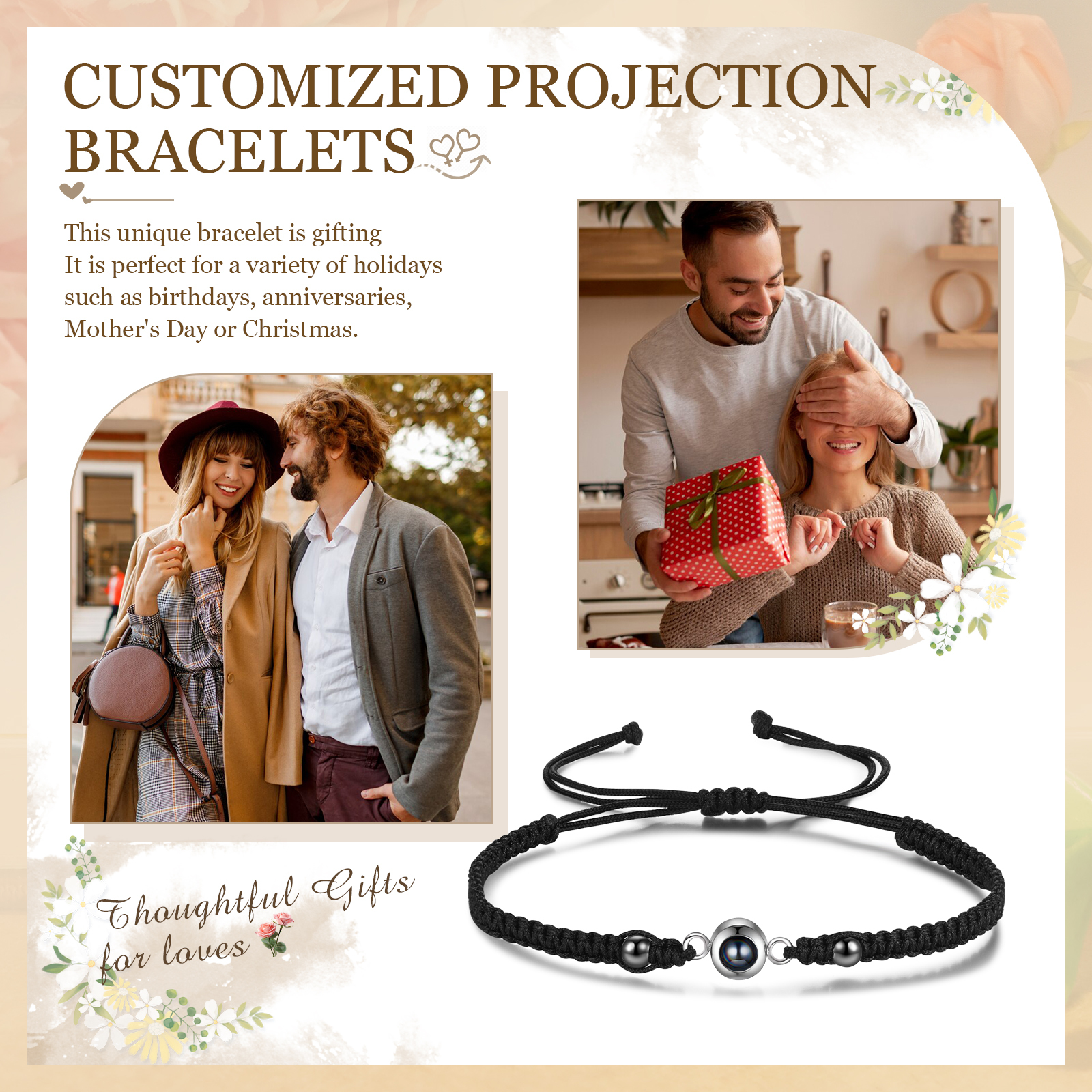 Personalized Projection Bracelet for Couples Custom Photo Bead Adjustable Bracelet 4 Styles Thoughtful Gift for Loved Ones