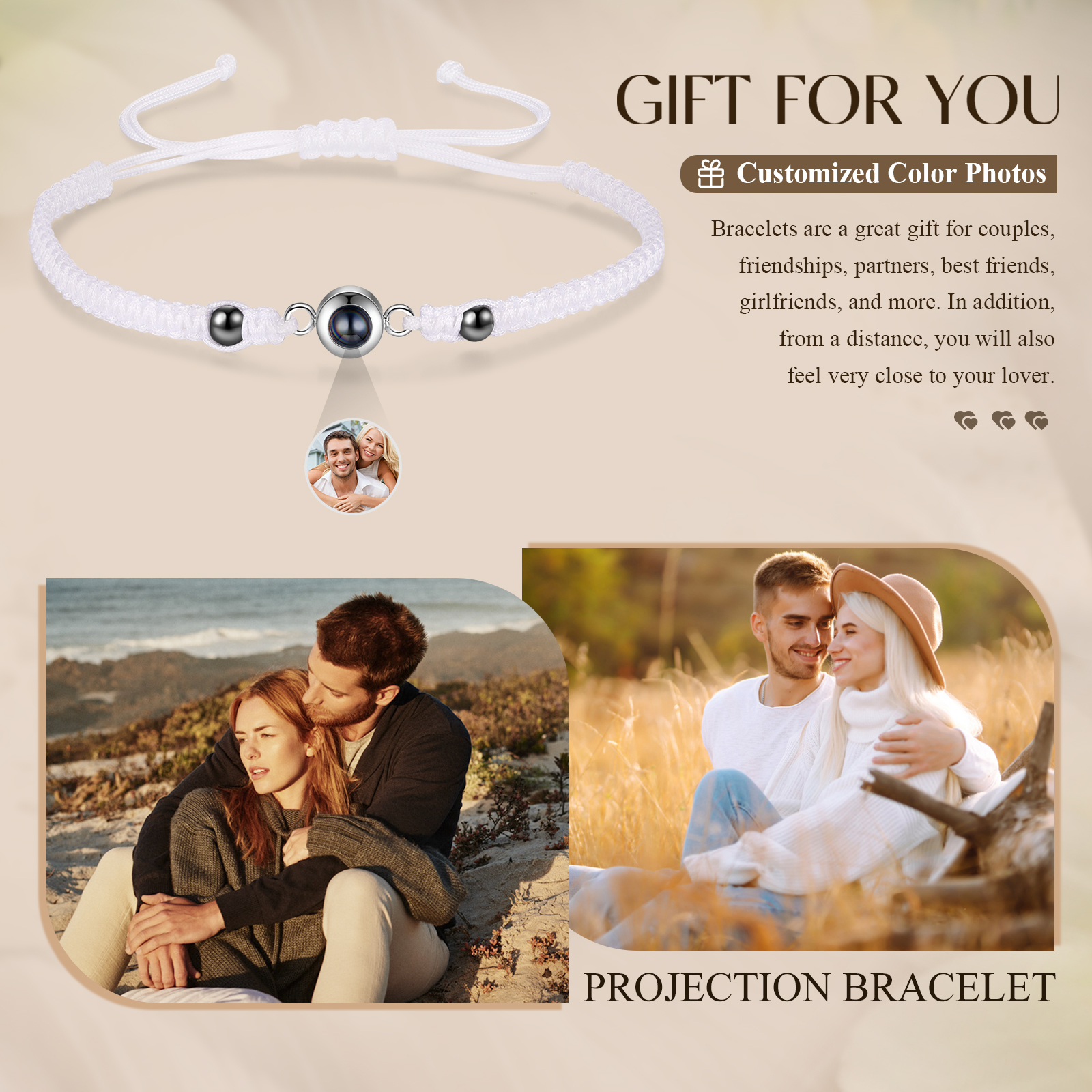 Personalized Projection Bracelet for Couples Custom Photo Bead Adjustable Bracelet 4 Styles Thoughtful Gift for Loved Ones