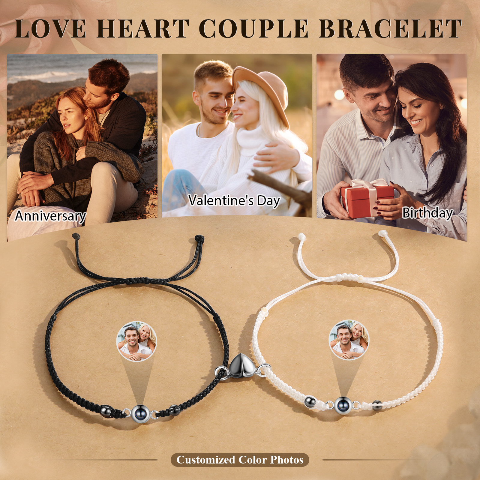 Personalized Projection Bracelet for Couples Custom Photo Bead Adjustable Bracelet 4 Styles Thoughtful Gift for Loved Ones