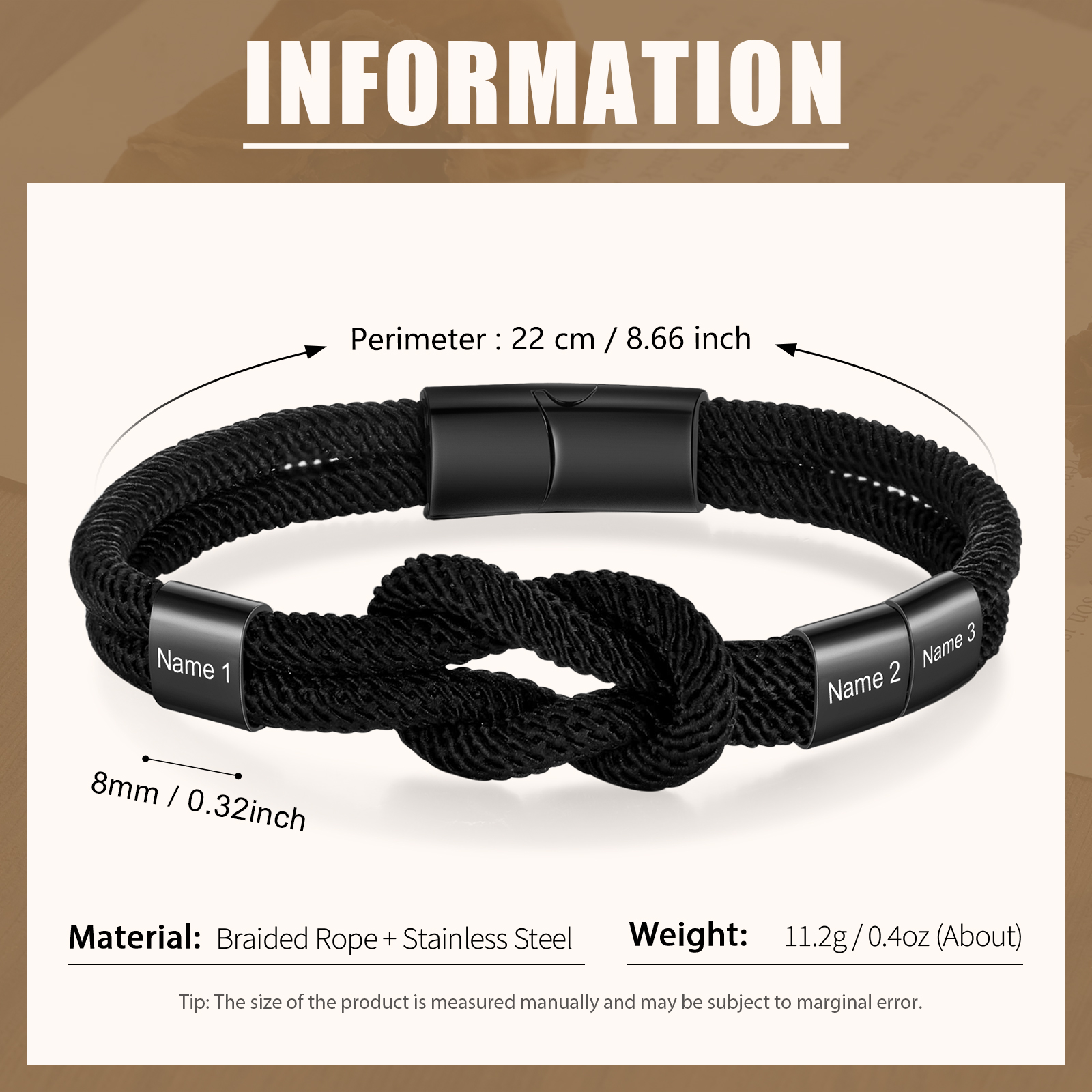 Personalized Minimalist Bar Clasp Unisex Rope Bracelet Custom 3 Names Gift for Him