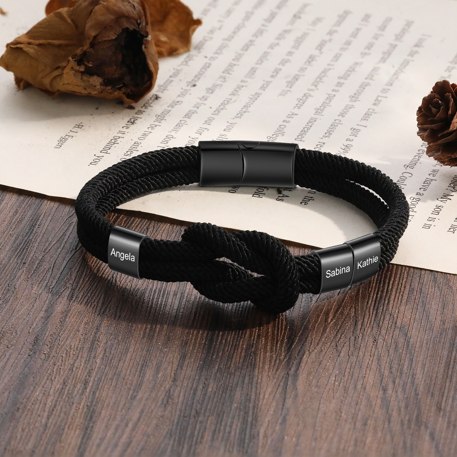 Personalized Minimalist Bar Clasp Unisex Rope Bracelet Custom 3 Names Gift for Him