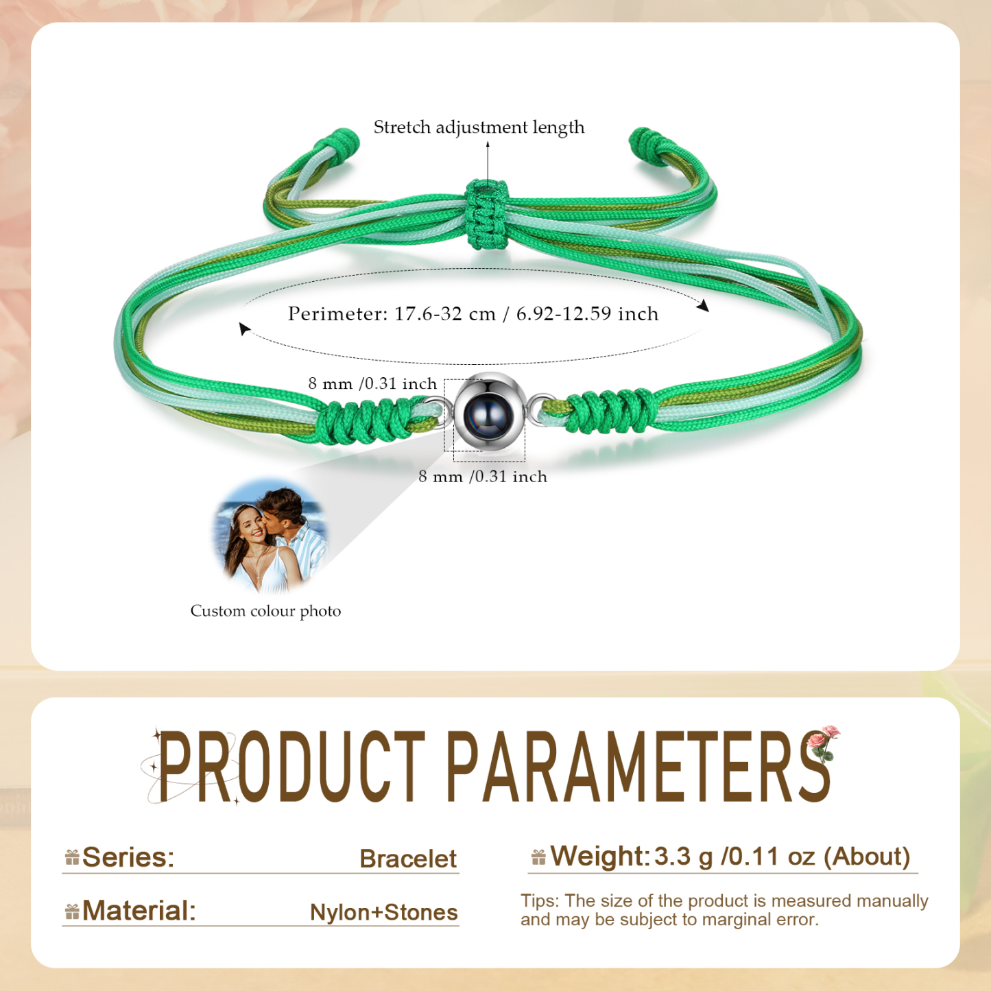 Personalized Projection Green Bracelet with Custom Photo Adjustable String Bracelet Gift for Her