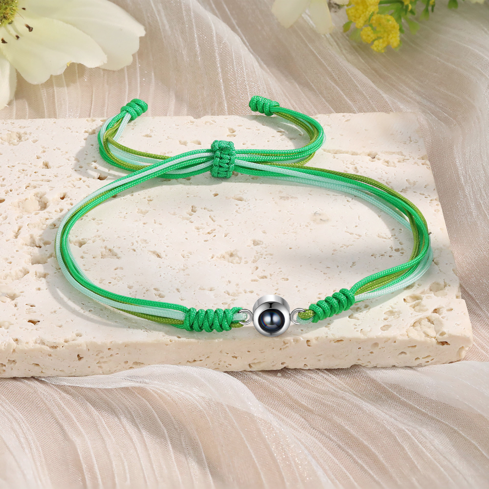 Personalized Projection Green Bracelet with Custom Photo Adjustable String Bracelet Gift for Her