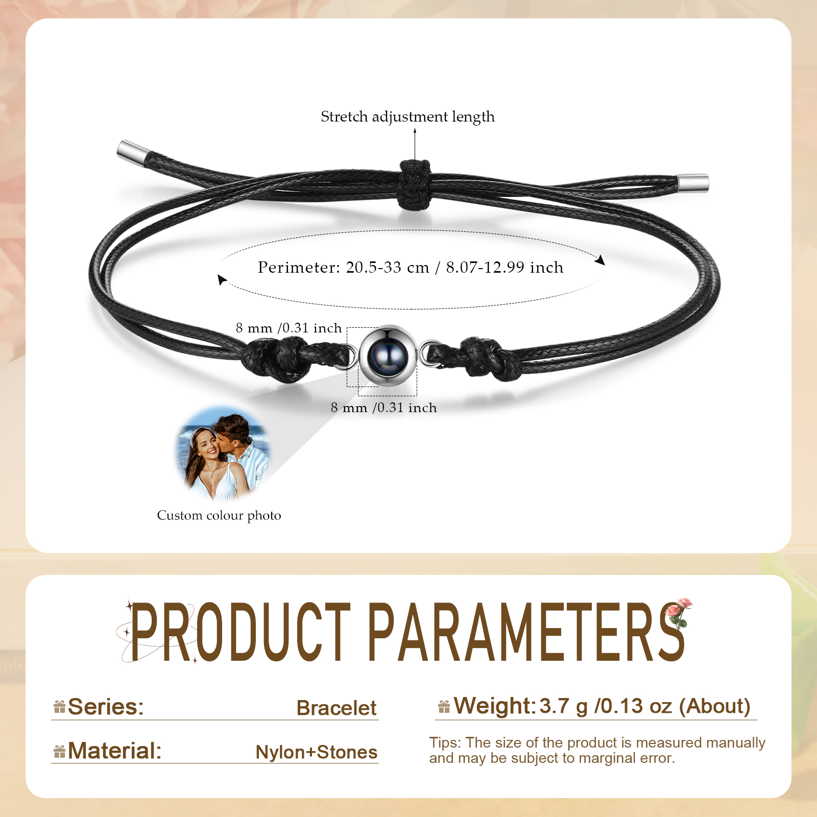 Personalized Projection Bracelet with 1 Photo Adjustable Leather & String Bracelet Custom Gift for Her