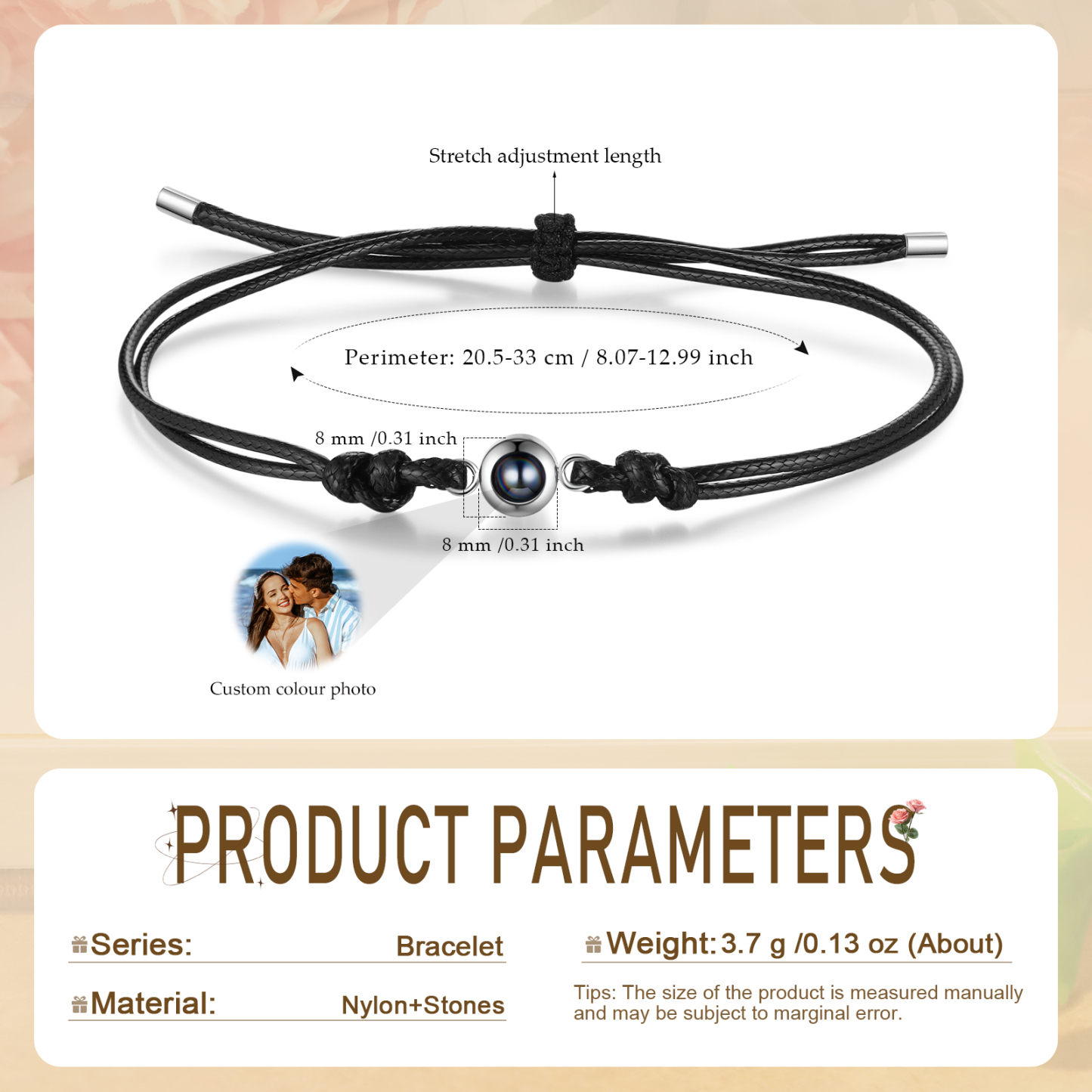 Personalized Projection Bracelet with 1 Photo Adjustable Leather & String Bracelet Custom Gift for Her