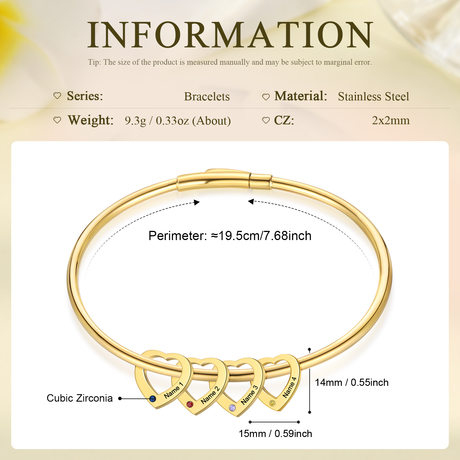 Personalized Heart Charm Bangle Bracelet with 4 Birthstones Engraved Names