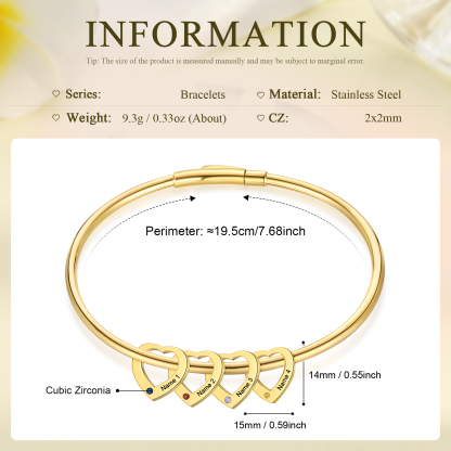 Personalized Heart Charm Bangle Bracelet with 4 Birthstones Engraved Names