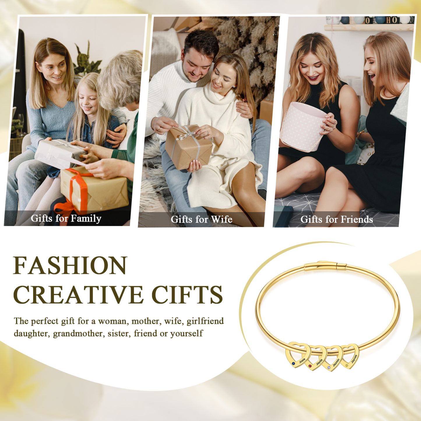 Personalized Heart Charm Bangle Bracelet with 4 Birthstones Engraved Names