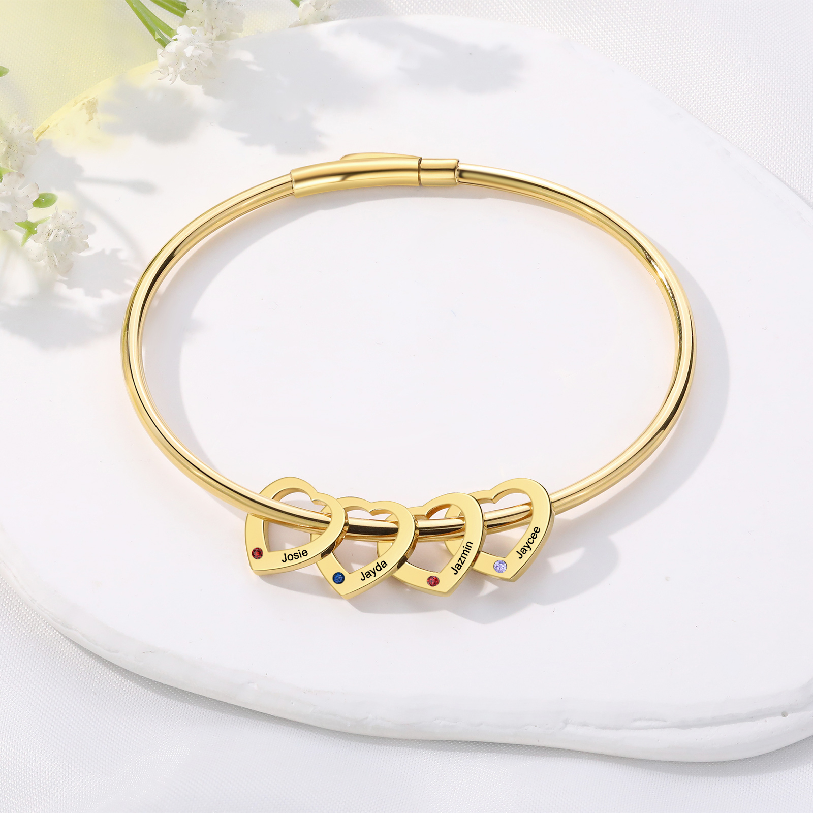 Personalized Heart Charm Bangle Bracelet with 4 Birthstones Engraved Names