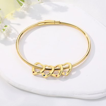 Personalized Heart Charm Bangle Bracelet with 4 Birthstones Engraved Names