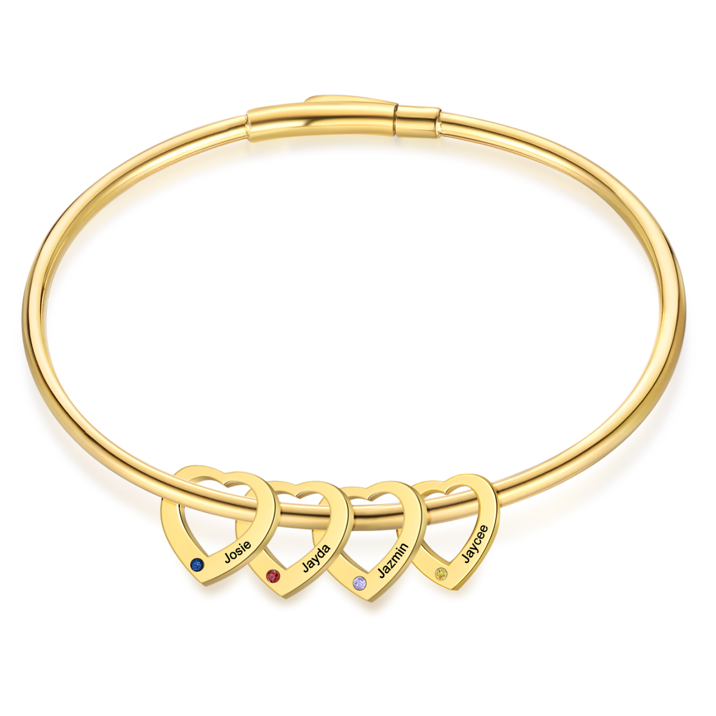 Personalized Heart Charm Bangle Bracelet with 4 Birthstones Engraved Names