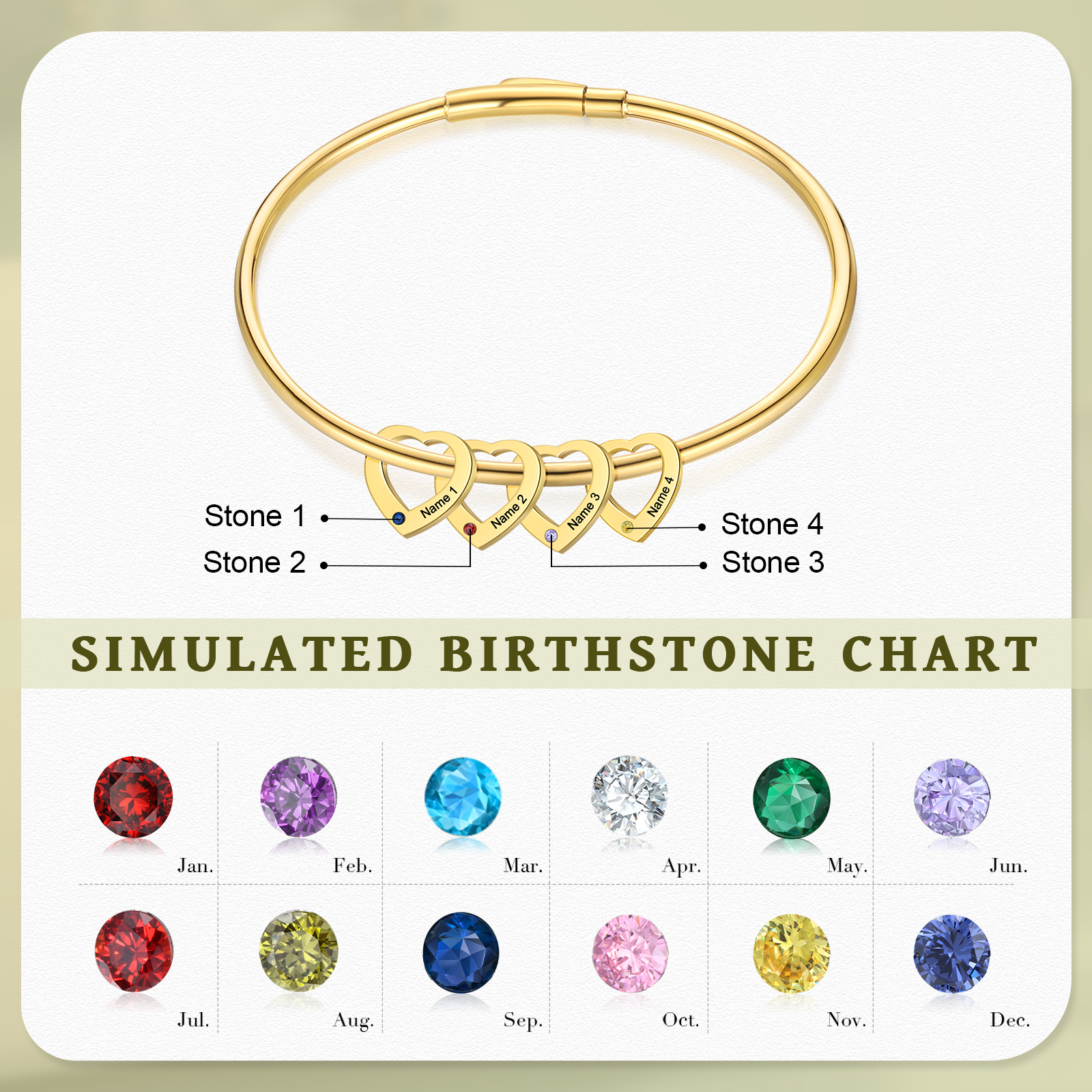 Personalized Heart Charm Bangle Bracelet with 4 Birthstones Engraved Names