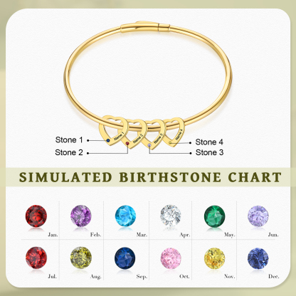 Personalized Heart Charm Bangle Bracelet with 4 Birthstones Engraved Names