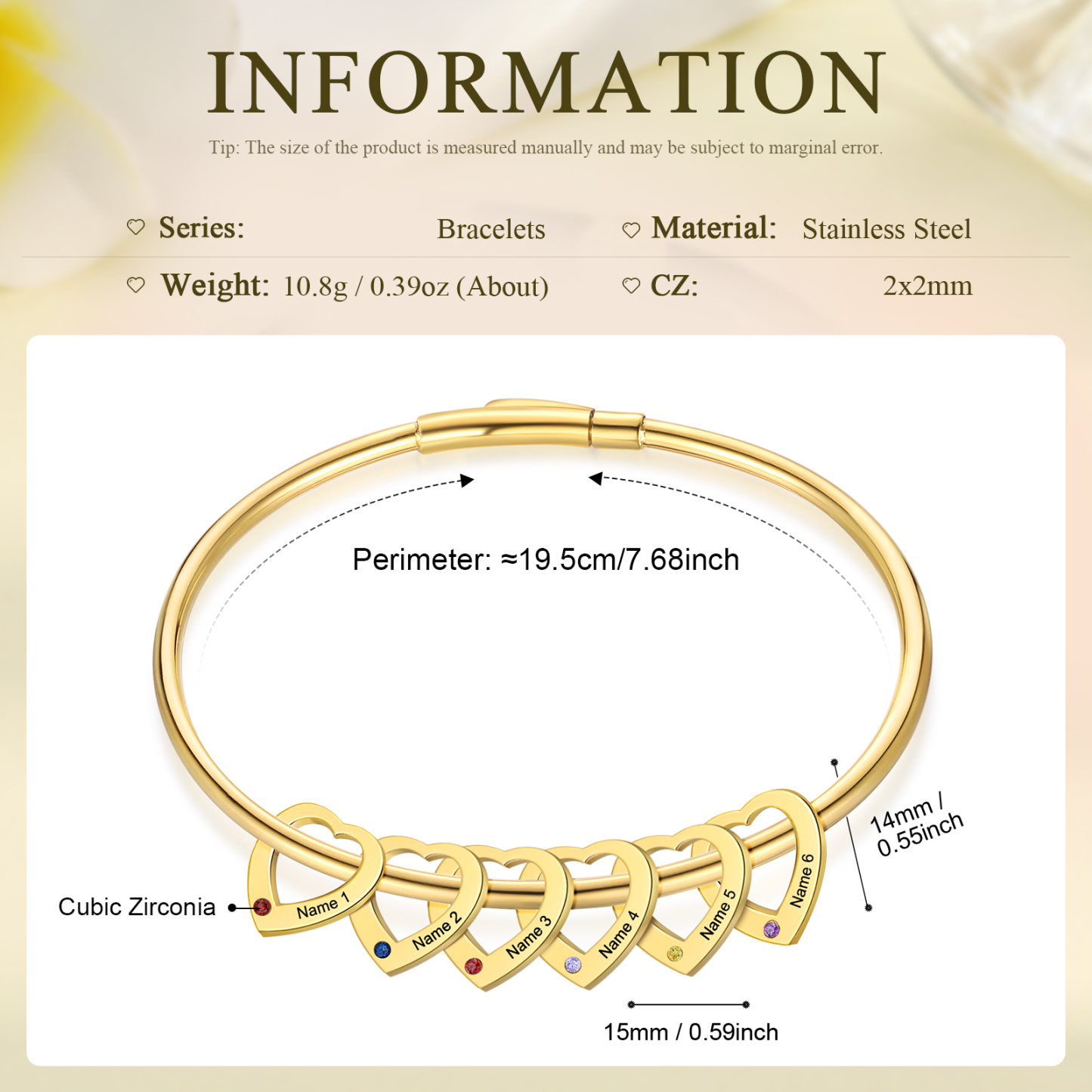 Personalized Heart Charm Bangle Bracelet with 6 Birthstones Engraved Names