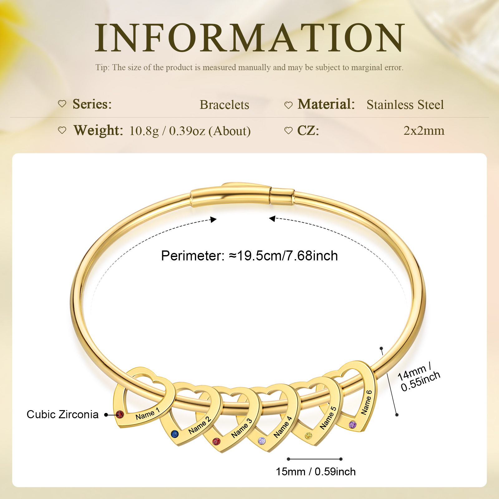 Personalized Heart Charm Bangle Bracelet with 6 Birthstones Engraved Names