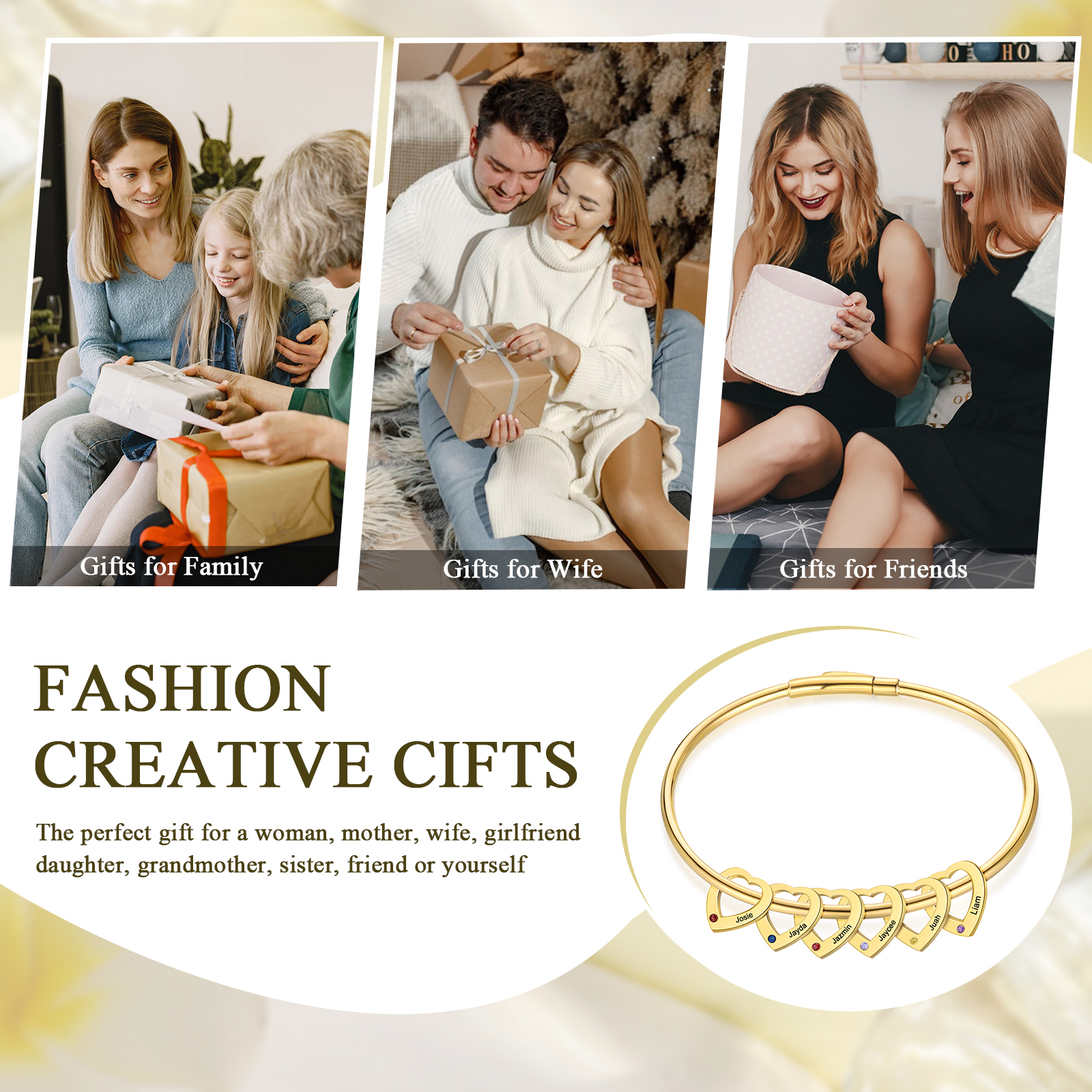 Personalized Heart Charm Bangle Bracelet with 6 Birthstones Engraved Names