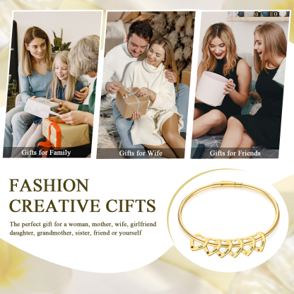 Personalized Heart Charm Bangle Bracelet with 6 Birthstones Engraved Names