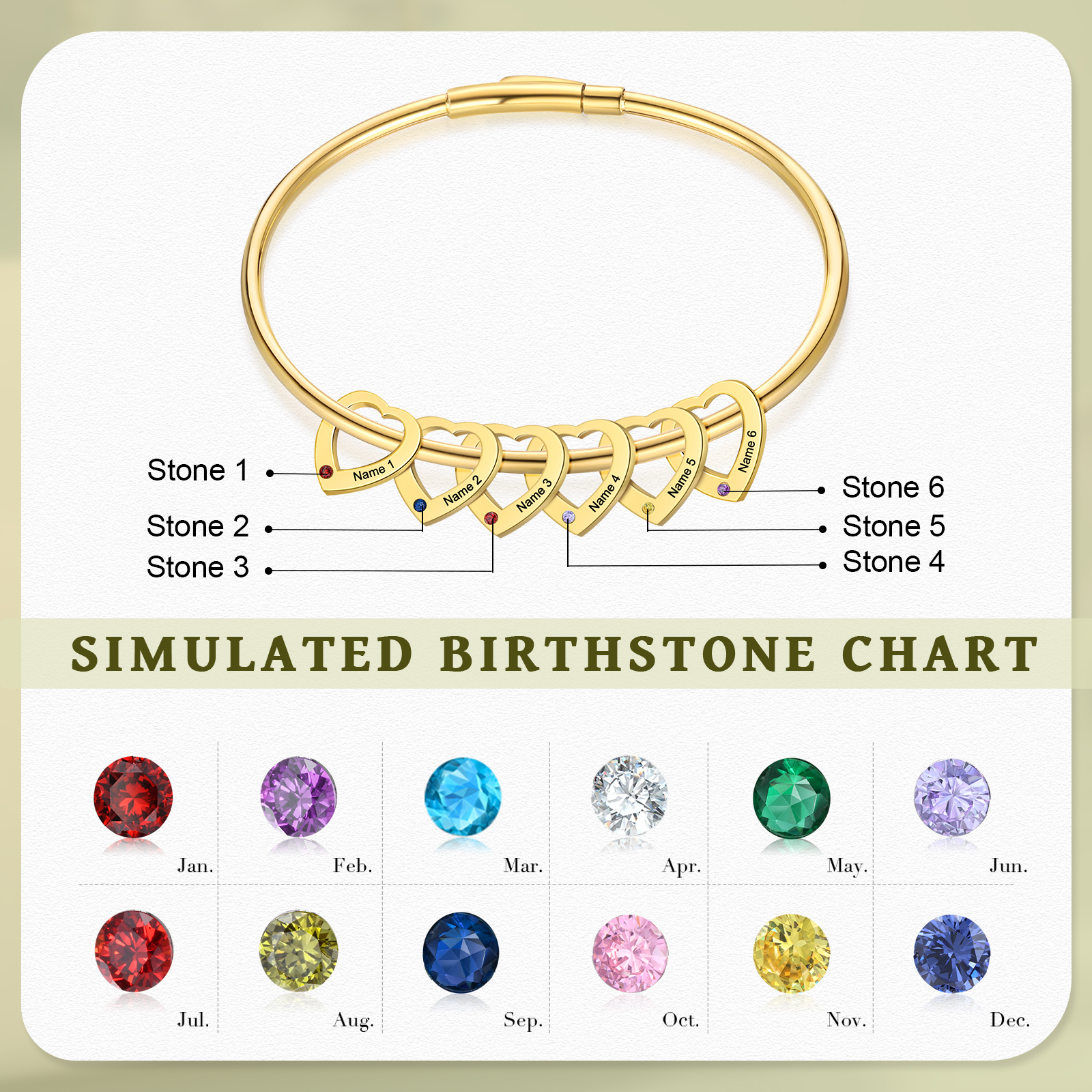 Personalized Heart Charm Bangle Bracelet with 6 Birthstones Engraved Names
