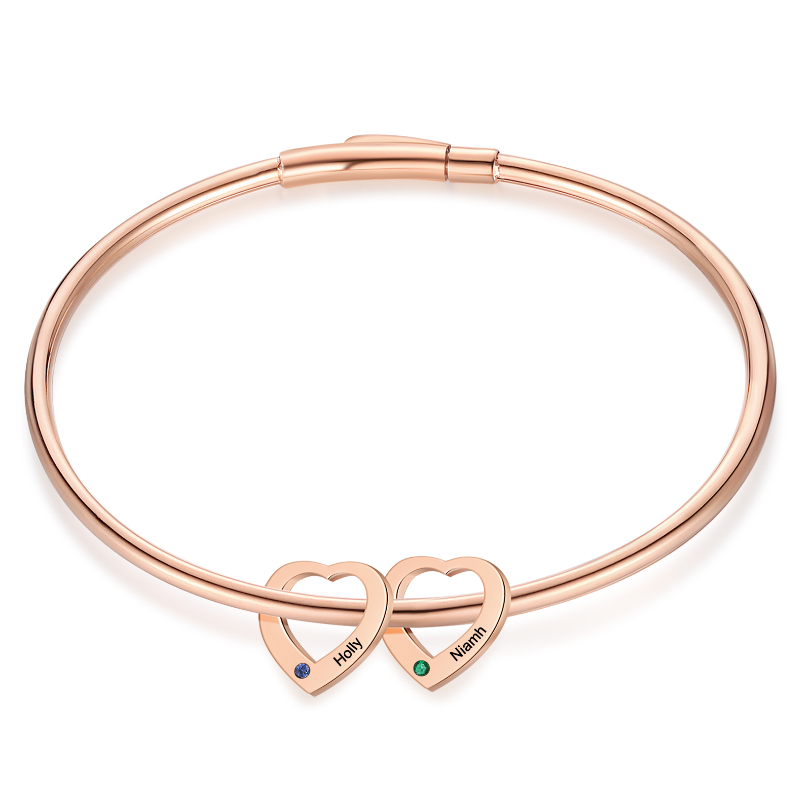 Personalized Heart Charm Bangle Bracelet with 2 Birthstones Engraved Names