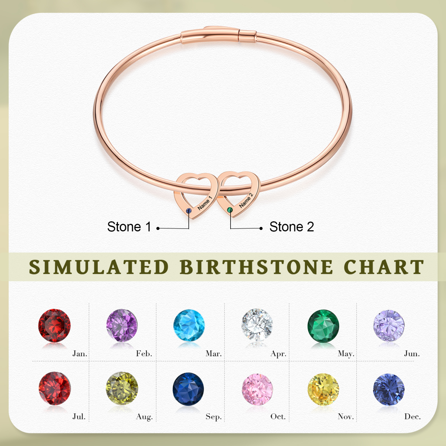 2 Names - Personalized Heart Bracelet with 2 Birthstones Custom Name & Birthstone Bracelet Gift for Her