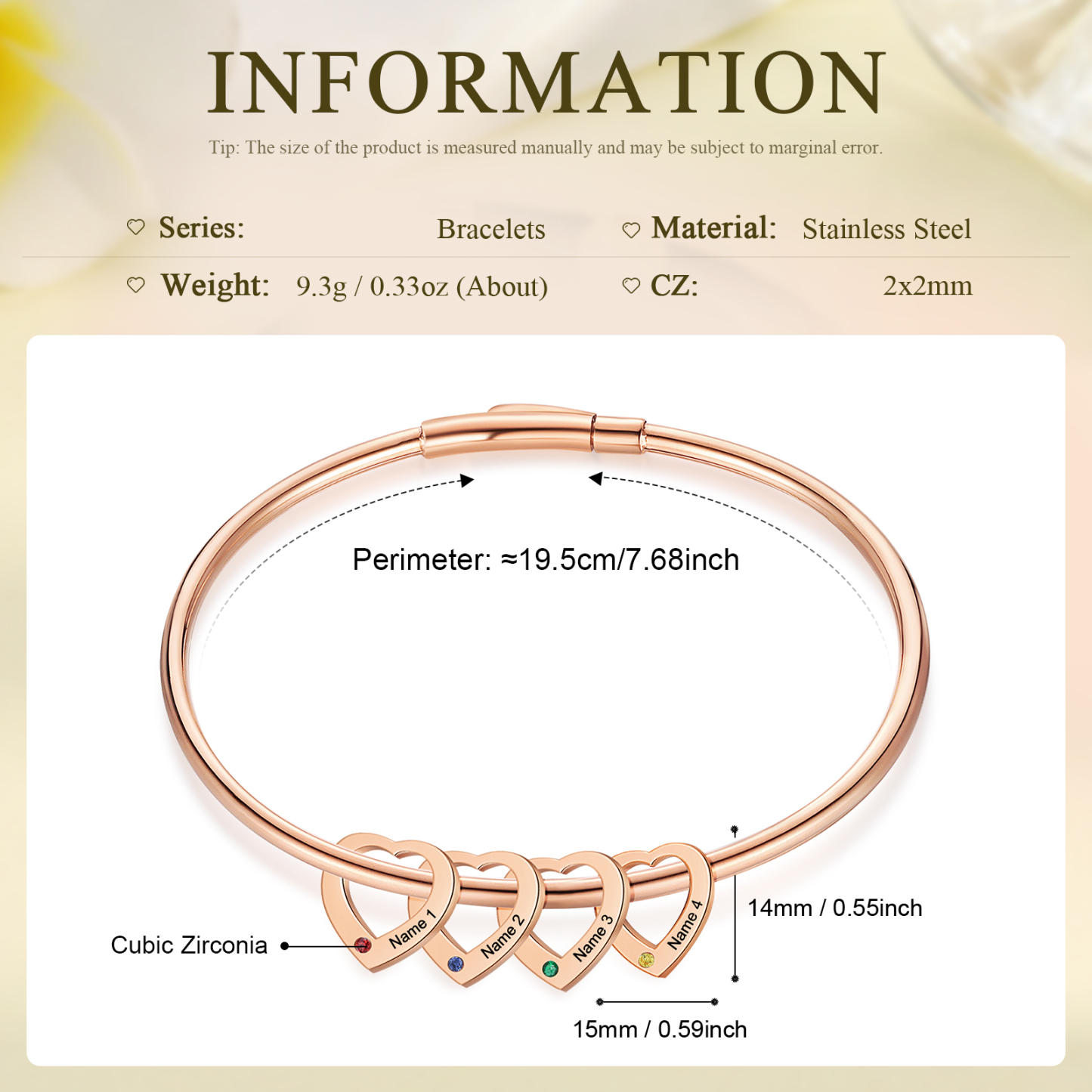 Personalized Heart Charm Bangle Bracelet with 4 Birthstones Engraved Names