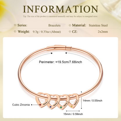 Personalized Heart Charm Bangle Bracelet with 4 Birthstones Engraved Names