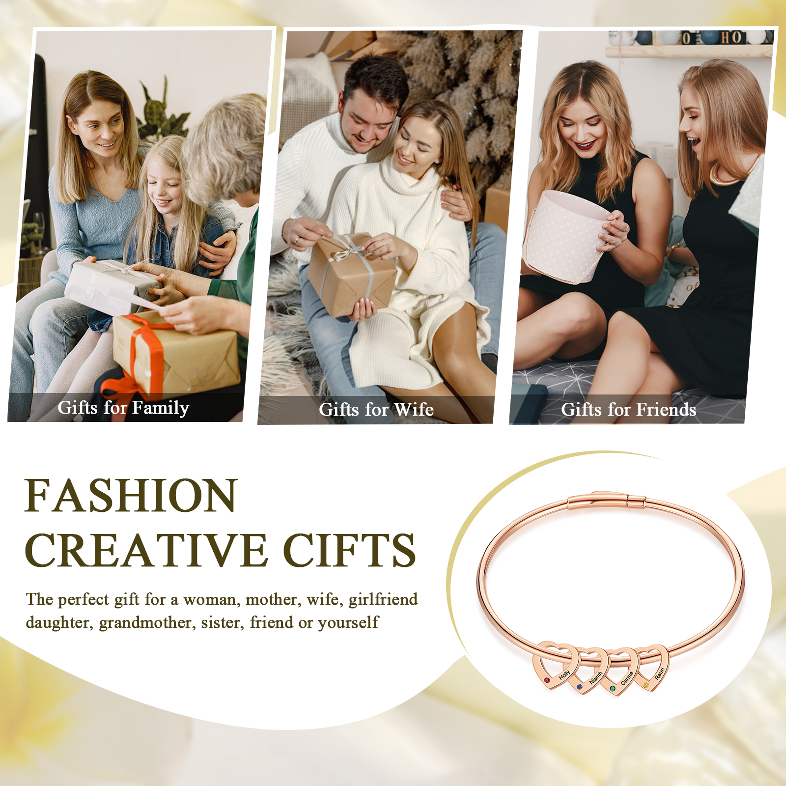 Personalized Heart Charm Bangle Bracelet with 4 Birthstones Engraved Names