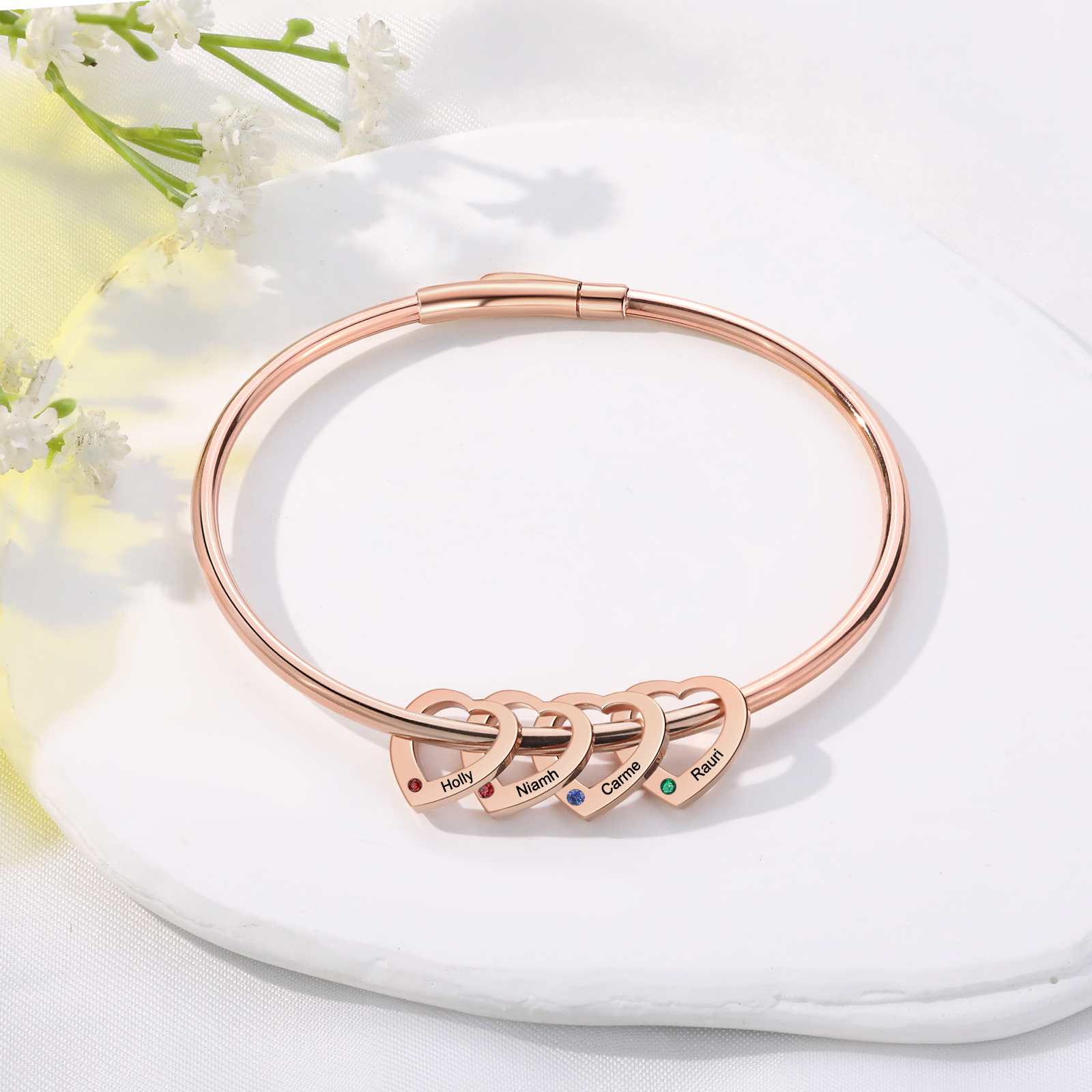Personalized Heart Charm Bangle Bracelet with 4 Birthstones Engraved Names