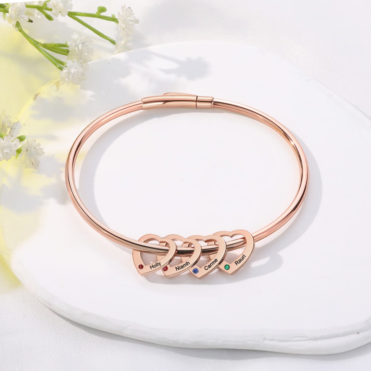 Personalized Heart Charm Bangle Bracelet with 4 Birthstones Engraved Names